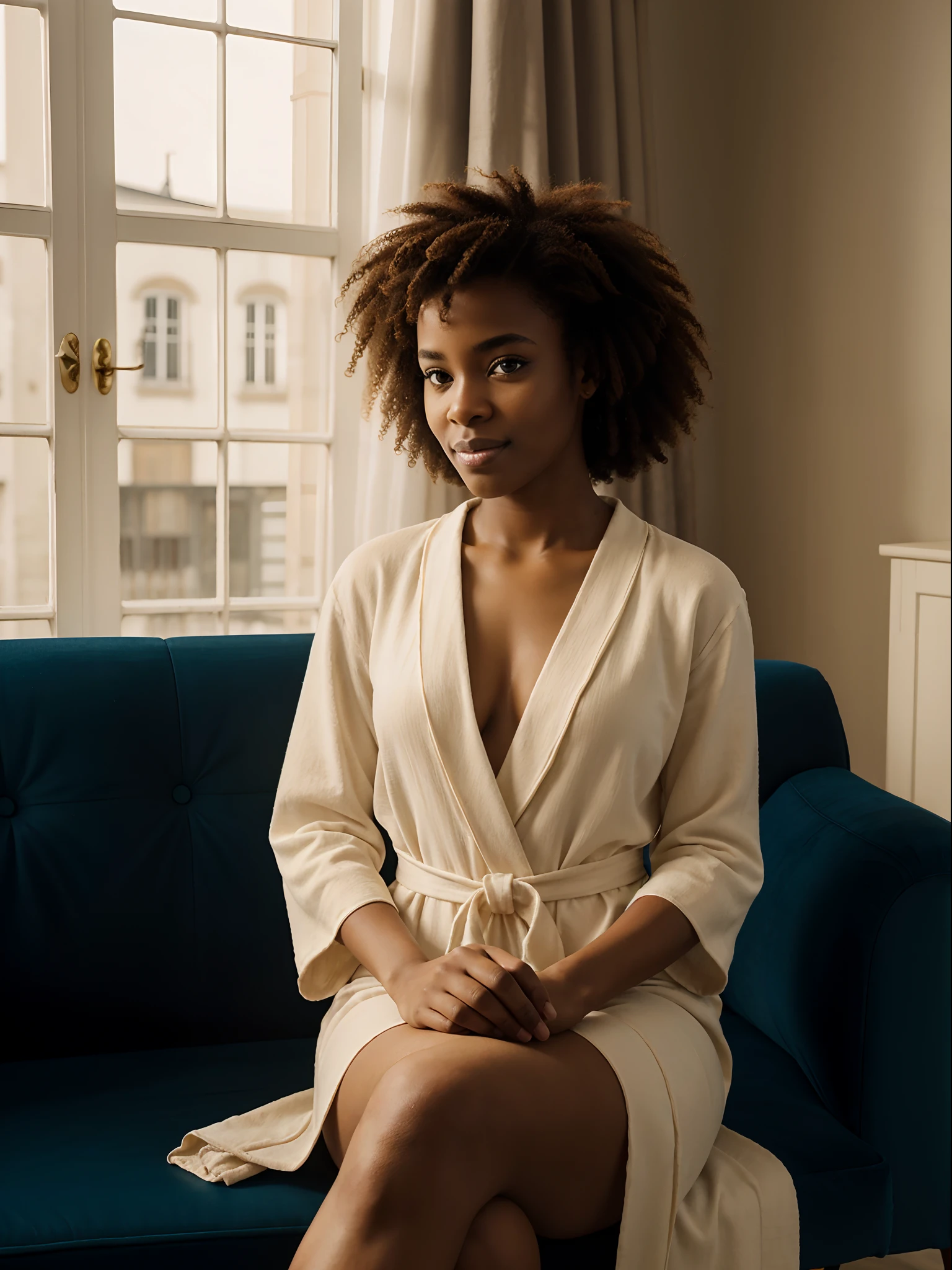 corps entier , beau visage, curly hair,Warm light and clear complexion, afro-american, Detailed, ultra quality, poitrine claire, mignonne, adorable, Robe moulante noire, sitting in the living room on the sofa