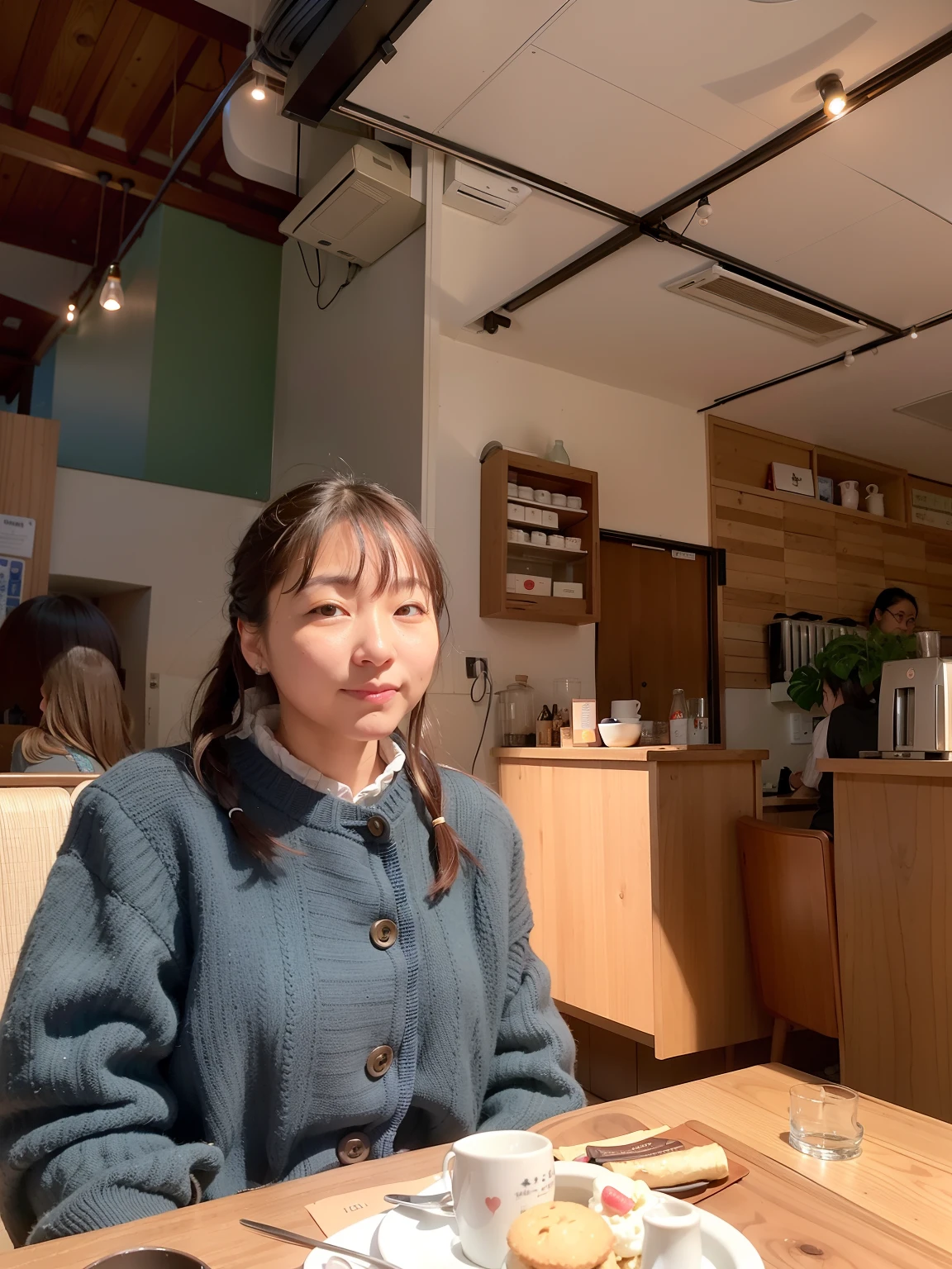 There is a woman sitting at a table with a plate of food at the seaside, chiho, at the counter, mysterious coffee shop girl, captured on canon eos r 6, captured on iphone, taken with sony alpha 9, eyes large、cute little、A perfect woman、Japan youth、Beautie、cute little、sitting in a cafe, 奈良美智, jaeyeon nam, SSAO 8 K, omina tachibana