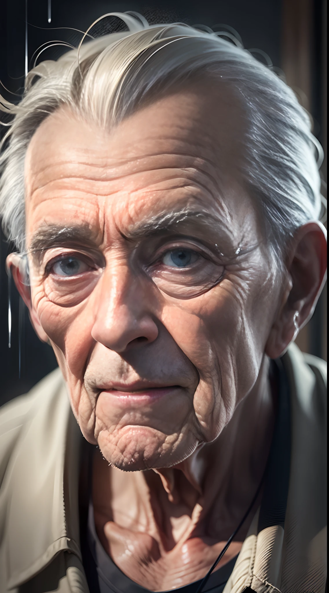 A 90-year-old man who is extremely lonely on a rainy night，Ultra-detailed detailing，Highlight the atmosphere of despair and loneliness，Ultra-realistic seniors，The aging on the face is vividly portrayed，wrinkles，Extreme light and shadow，Extreme light chasing，Extremely reflected light，Extreme ambient light，Hyper-realistic，tmasterpiece，oil painted