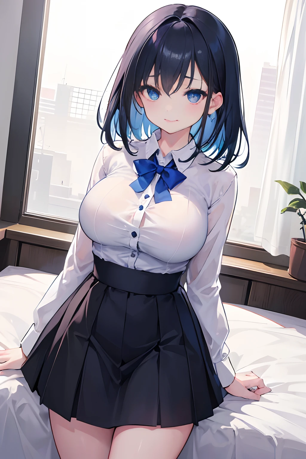 beautiful a girl、Medium Hair、friendly、cute little、Black skirt、Blue eyes、Colossal tits、Colossal tits、Colossal tits、Top image quality、ssex、tongue、Whip whip、embarrassed from、cool lady、Office Casual、working adults、the kiss、suki、A dark-haired、Blue Inner Color、AHE Face、large boob、Clothes buttons are closed、I can't see the chest、Close your chest with your arms in front of you、gently smiling、smil、Wearing a white shirt、Bedrooms、a bed、Sleeping in bed、Wearing a collar、embarassed face、痴女