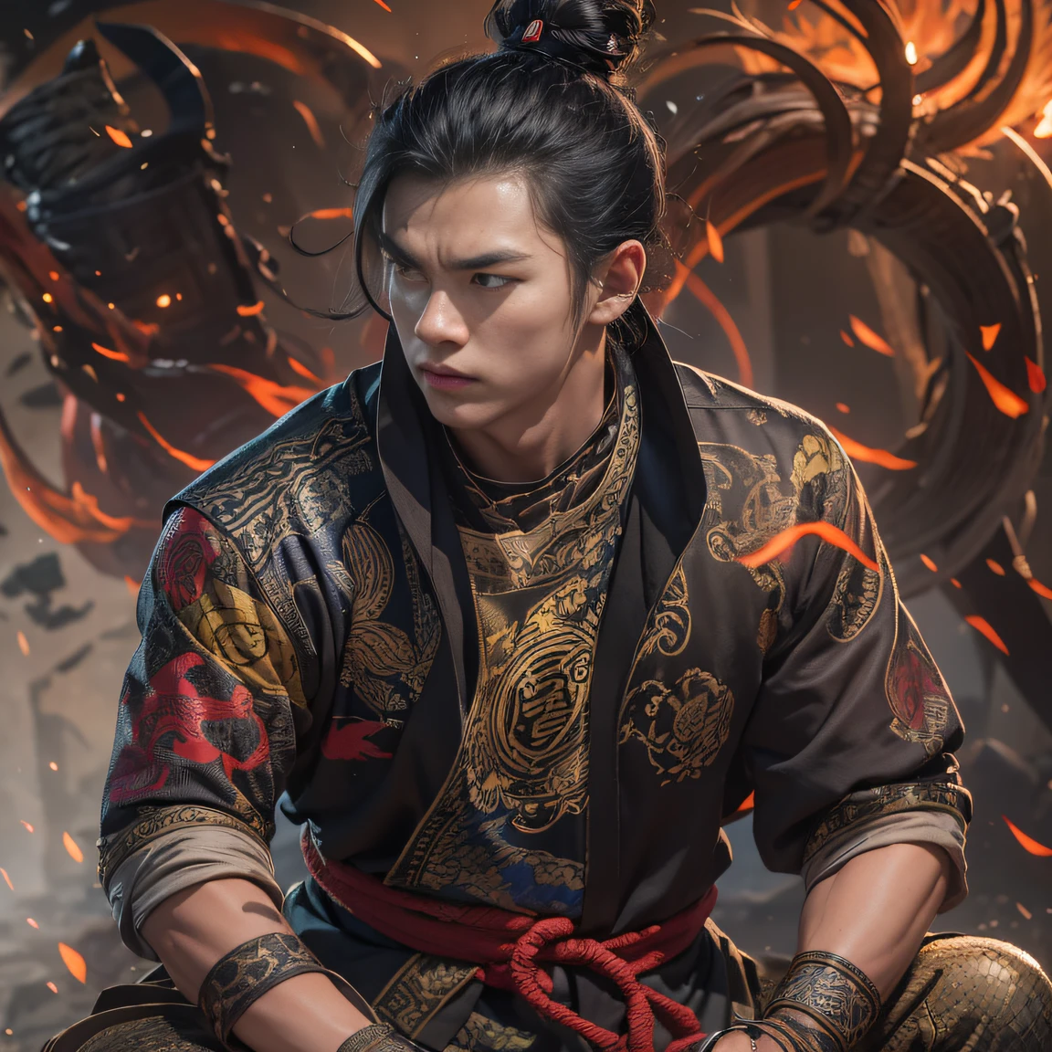 （Sunny）My eyes were full of confusion，He clenched his fists，Rush up，Deliver a fatal blow to your opponent，full bodyesbian，Full Body Male Mage 32K（tmasterpiece，k hd，hyper HD，32K）Flowing black hair，The camp is disorganized，zydink， Rainbow colors， patriot （rainbowing）， （Linen batik scarf）， Angry fighting stance， looking at the ground， Batik linen bandana， Chinese python pattern long-sleeved garment， （Abstract propylene splash：1.2）（（（rainbowing））），The male mage was furious，