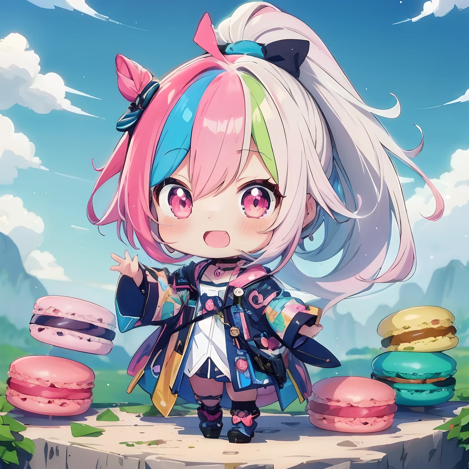 Anime girl with pink hair and colorful hair standing in front of macarons, splash art anime loli, best anime 4k konachan wallpaper, anime style 4 k, Cute art style, official artwork, high detailed official artwork, anime art wallpaper 4k, anime art wallpaper 4k, Anime art wallpaper 8k, anime wallpaper 4 k, anime wallpaper 4k