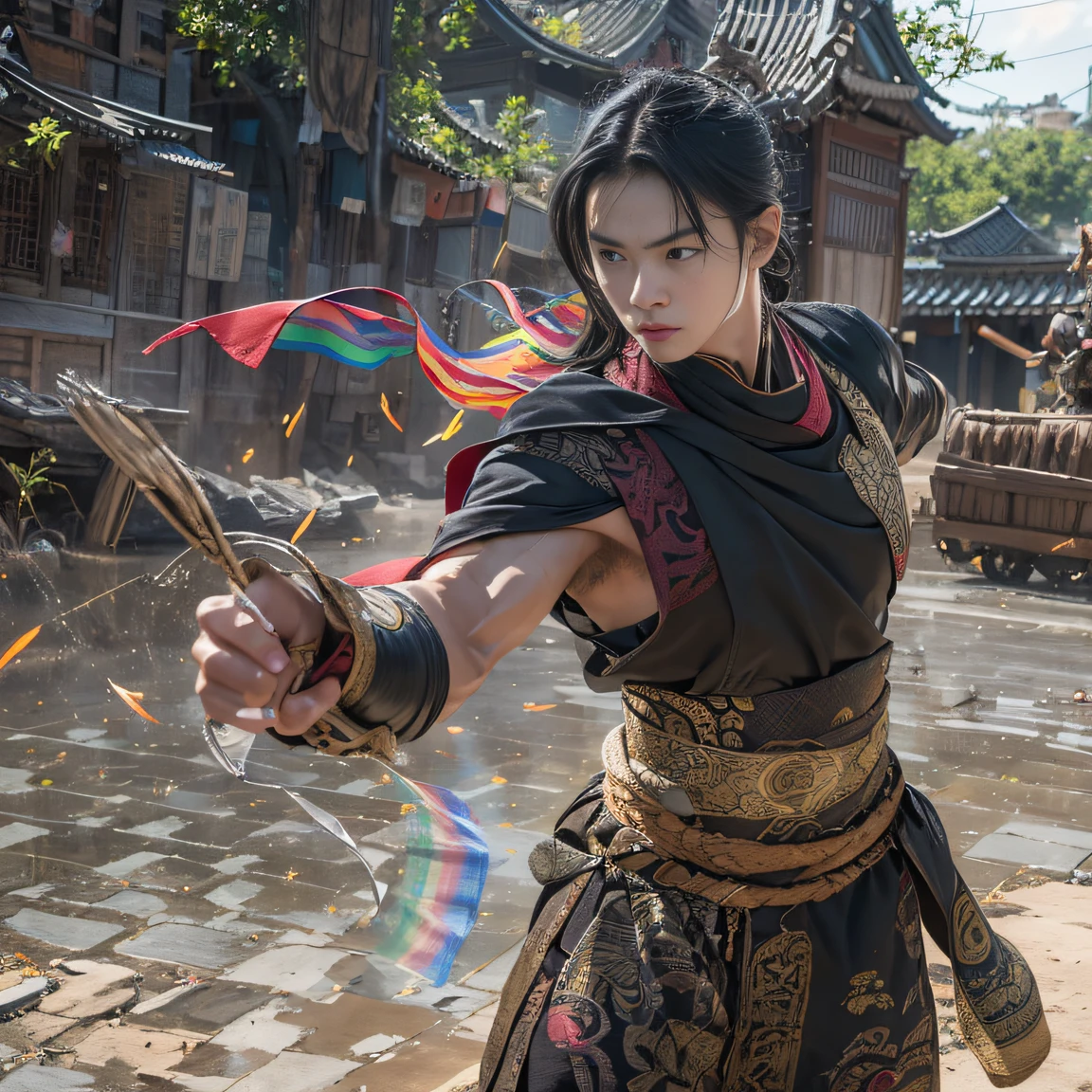 (Sunny)My eyes were full of confusion,He clenched his fists,Rush up,Deliver a fatal blow to your opponent,full bodyesbian,Full Body Male Mage 32K(tmasterpiece,k hd,hyper HD,32K)Flowing black hair,The camp is disorganized,zydink, Rainbow colors, patriot (rainbowing), (Linen batik scarf), Angry fighting stance, looking at the ground, Batik linen bandana, Chinese python pattern long-sleeved garment, (Abstract propylene splash:1.2)(((rainbowing))),The male mage was furious,