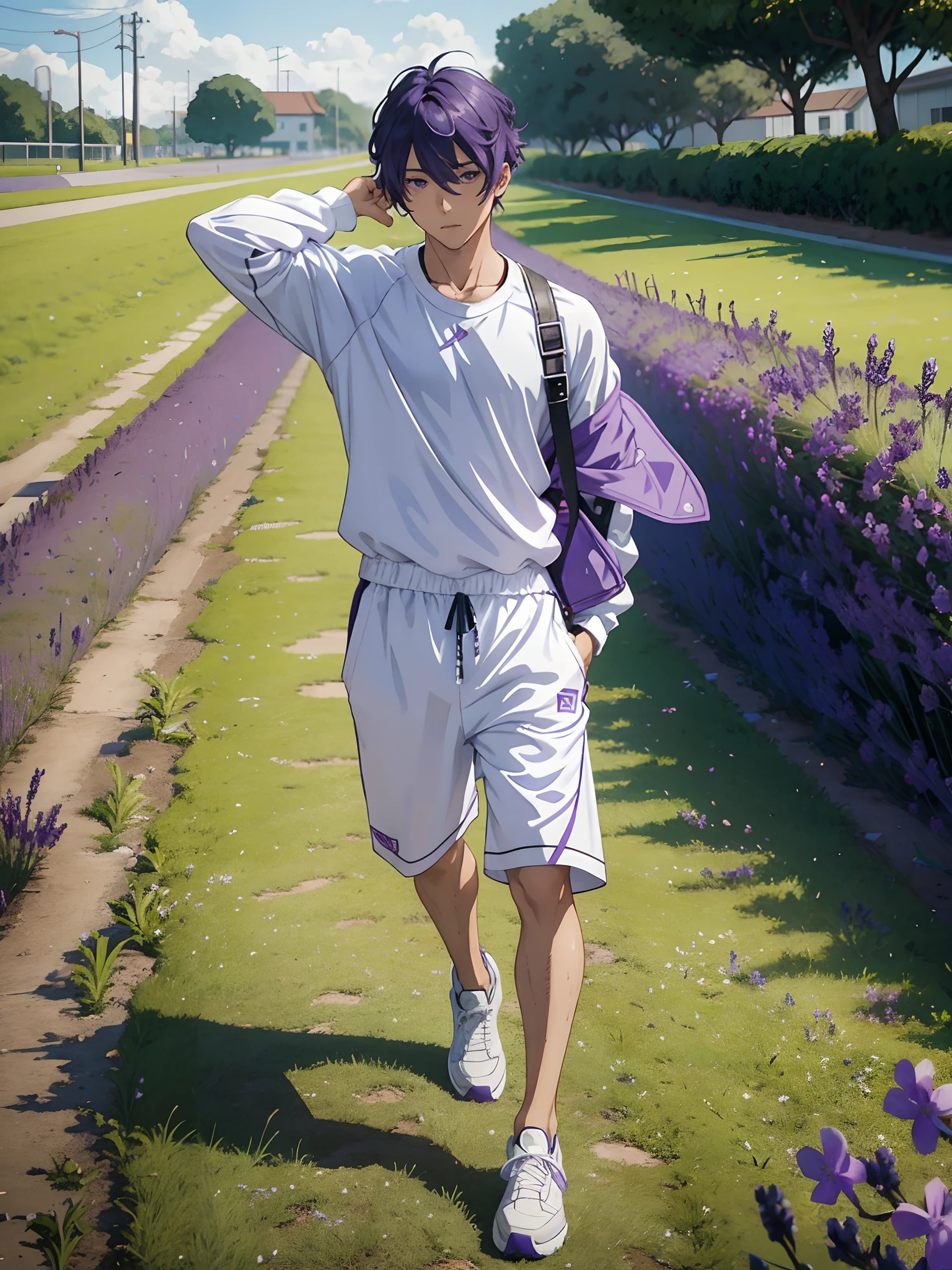 anime sexy man, lavanda fields, violet flowers, a guy in a white oversized sporty clothes