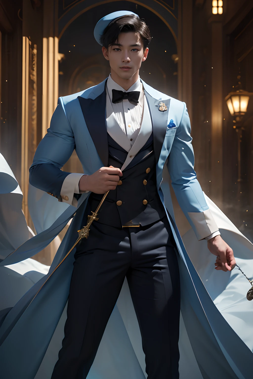 1 Korean man, 25 yo, solo, masterpiece, perfect face, muscular body, full body, (bare chest), (bare chest), muscular chest, abs, detailed tailcoat, monocle, hat, short hair, pretty blue eyes, perfect hands, gloves, strict and dynamic posture, staff, nardack, magic city background, with magic circles, background rays