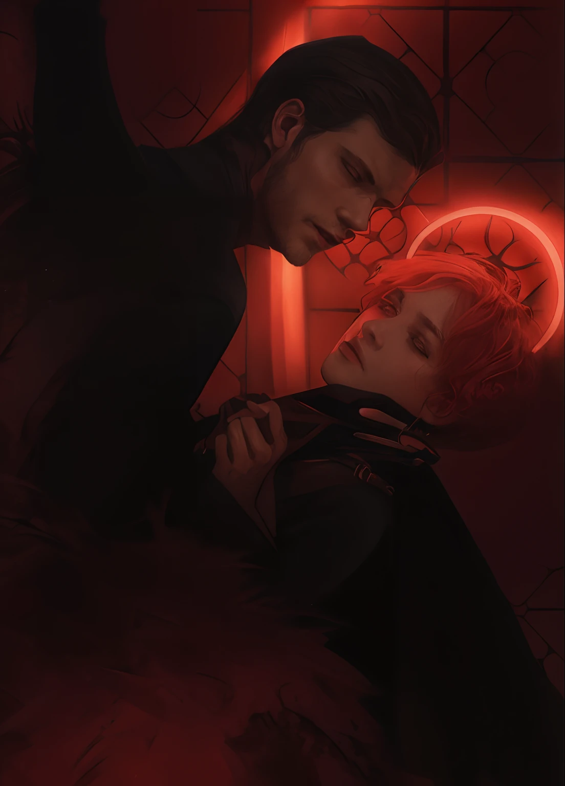 there is a man and a woman standing in front of a red wall, fan art, inspired by Niklaus Manuel, alejandro, angel protecting man, edmund blair and charlie bowater, inspired by Austin Osman Spare, l vampire, eros and thanatos, greg rutkowski and edgar maxence, vampire, hamlet, inspired by Joseph Morgan Henninger, angel watching demon