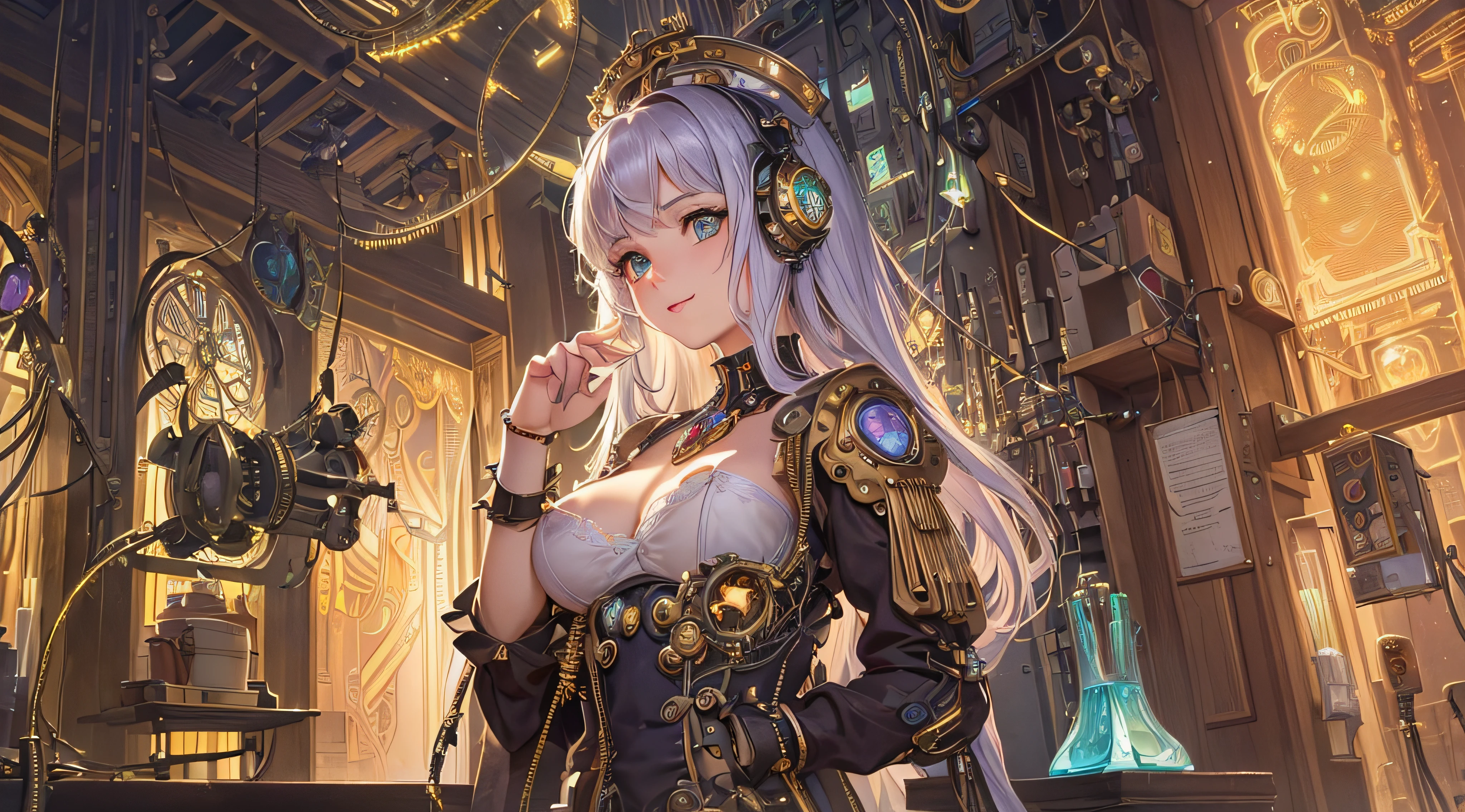 (((Masterpiece))), ((((Best quality)))), (((Ultra-detailed))), (CG illustration), ((Extremely delicate and beautiful)),(Cute and delicate face),Cinematic light,galaxy (complicated background, complicated decorations,((1 mechanical girl)),Solo, full bodyesbian,(steampunk machine made joints:1.4),((steampunk Mechanical limb)),((standing)),smiling(Wires and cables attached to the head and body:1.5),(Character focus), large breasts, looks into camera, spiky hair rainbow highlights, (geometric:1.2), heterochromia, revealing clear lingerie , headphones, alphonse mucha, art nouveau, golden halo