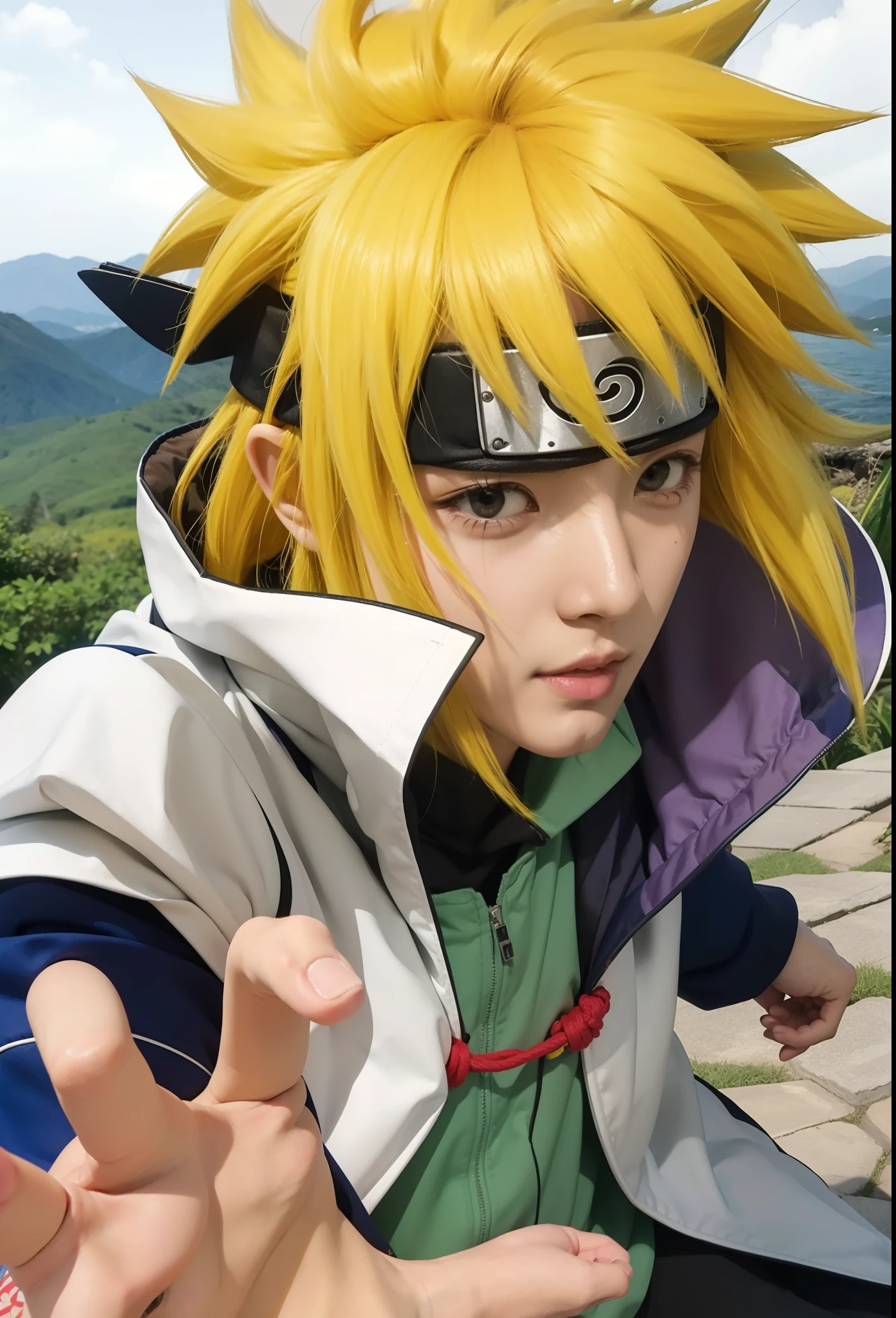 Real-life adaptation of this character,his name is Minato Namikaze from the Naruto anime,Coreano bonito rosto bonito,Realistic yellow messy hair,Roupa realista com capa branca,luz realista,sombra realista,realistic background,(fotorrealista:1.2),HAND CORRECTION