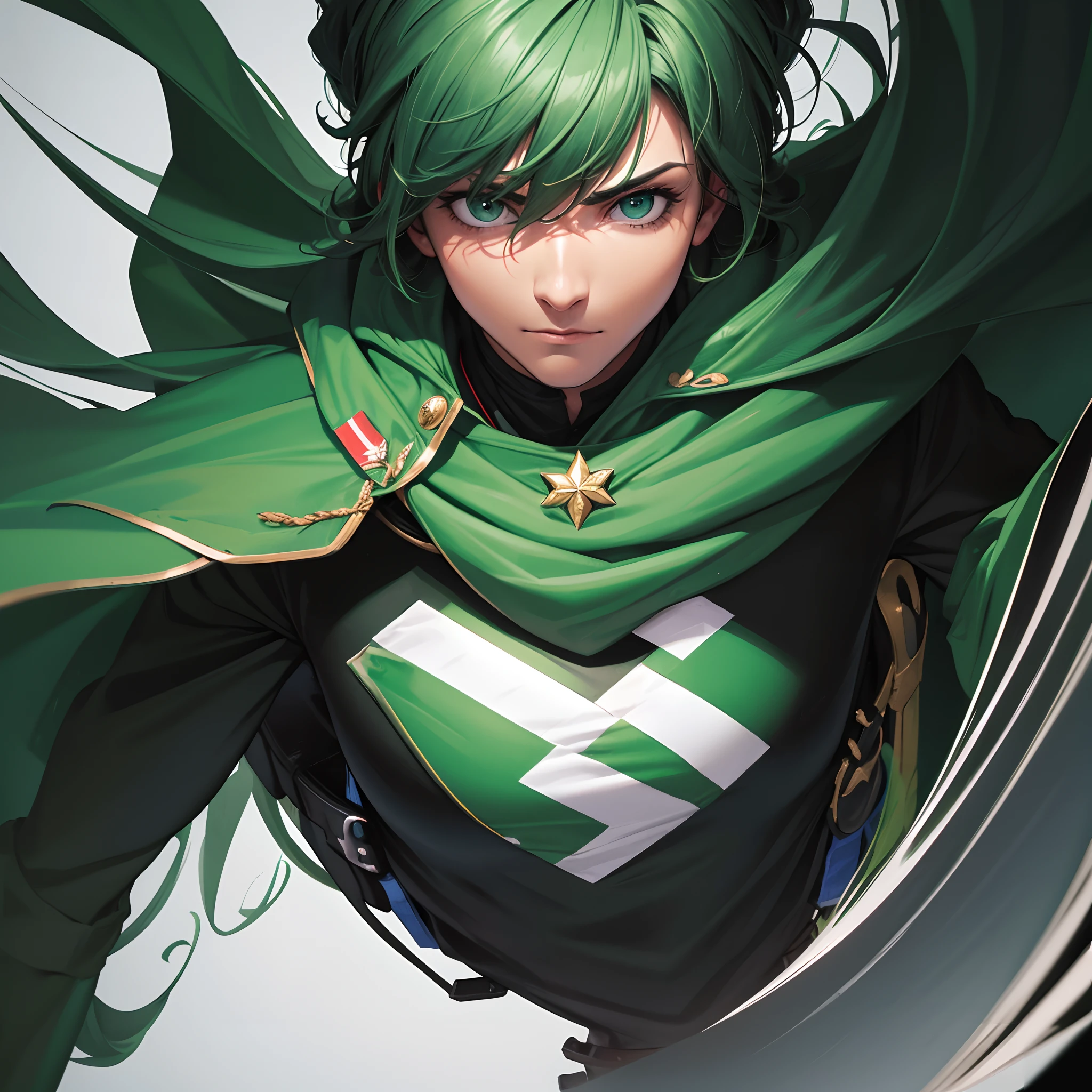 Homem, hero, capa do Brasil preta, uniforme verde escuro, moreno , hero position, voando, olhos brancos, cabelos crespos, melhor qualidade, ultra hd, 4k