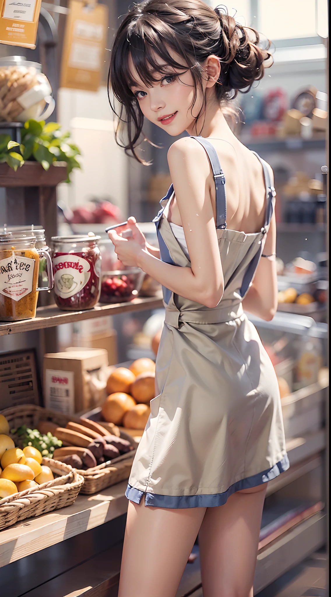 morning, ((pinafore)), General Store, Smiling smile, (NSFW), 1womanl, 独奏, 24 year old, 7headed body, (Ideal ratio body proportions), (Composition from head to thigh), erectile nipple, Sexy body, Wet, short-hair, Dark hair, small tits, A slender, Small buttocks, beauty legs, Skinny Legs, surrealism, Cinematic lighting, depth of fields, One-person viewpoint, F/1.8, 135 mm, nffsw, masutepiece, ccurate, ((Anatomically correct)), Textured skin, Super Detail, high details, High quality, awardwinning, Best Quality, hight resolution, 8K