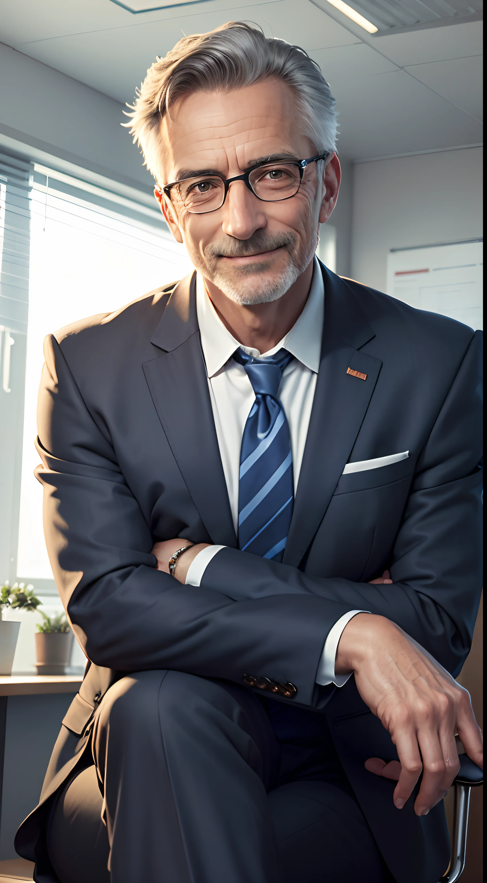 A 50-year-old male psychologist in Europe in a suit,The expression is smiling,sat in an office