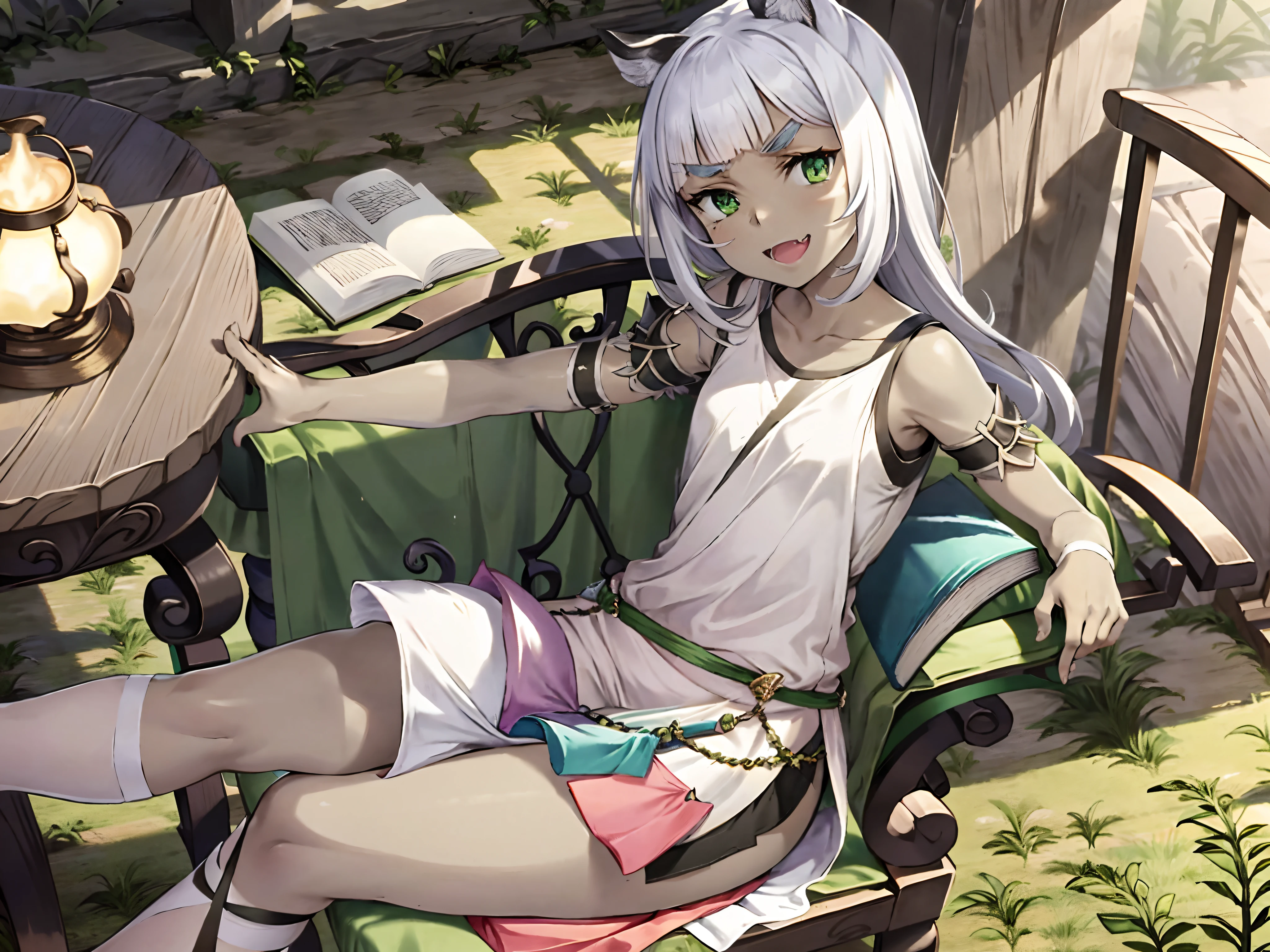 Ochett, 1girll, Green eyes, V-shapped eyebrows, highr, Fang, tmasterpiece, Best quality,the night,libraryai,sit on chair,looking at book,luz de velas,midynight