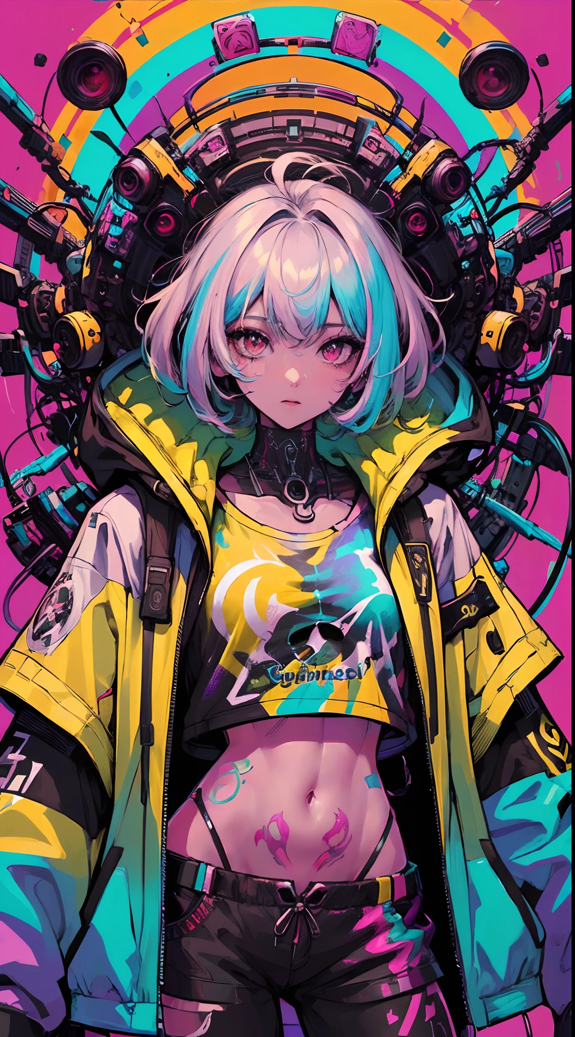 (rainbow color background:1.45),(a girl,solo,cowboy shot,dark rainbow color skin,rainbow color body painting,crop top Casual strap T-shirt:1.45),(1/2 official art,2/3 graffiti art,street style fashion,P/3 Stamping Art Signature,English logo,English text,silhouette:1.35),Spray painting art,color inks,splash inks,Some rusty Retrofuturism,cowboy shot,multicolored outline,iridescent,Rainbow Gradient,colorful, Color paint graffiti,