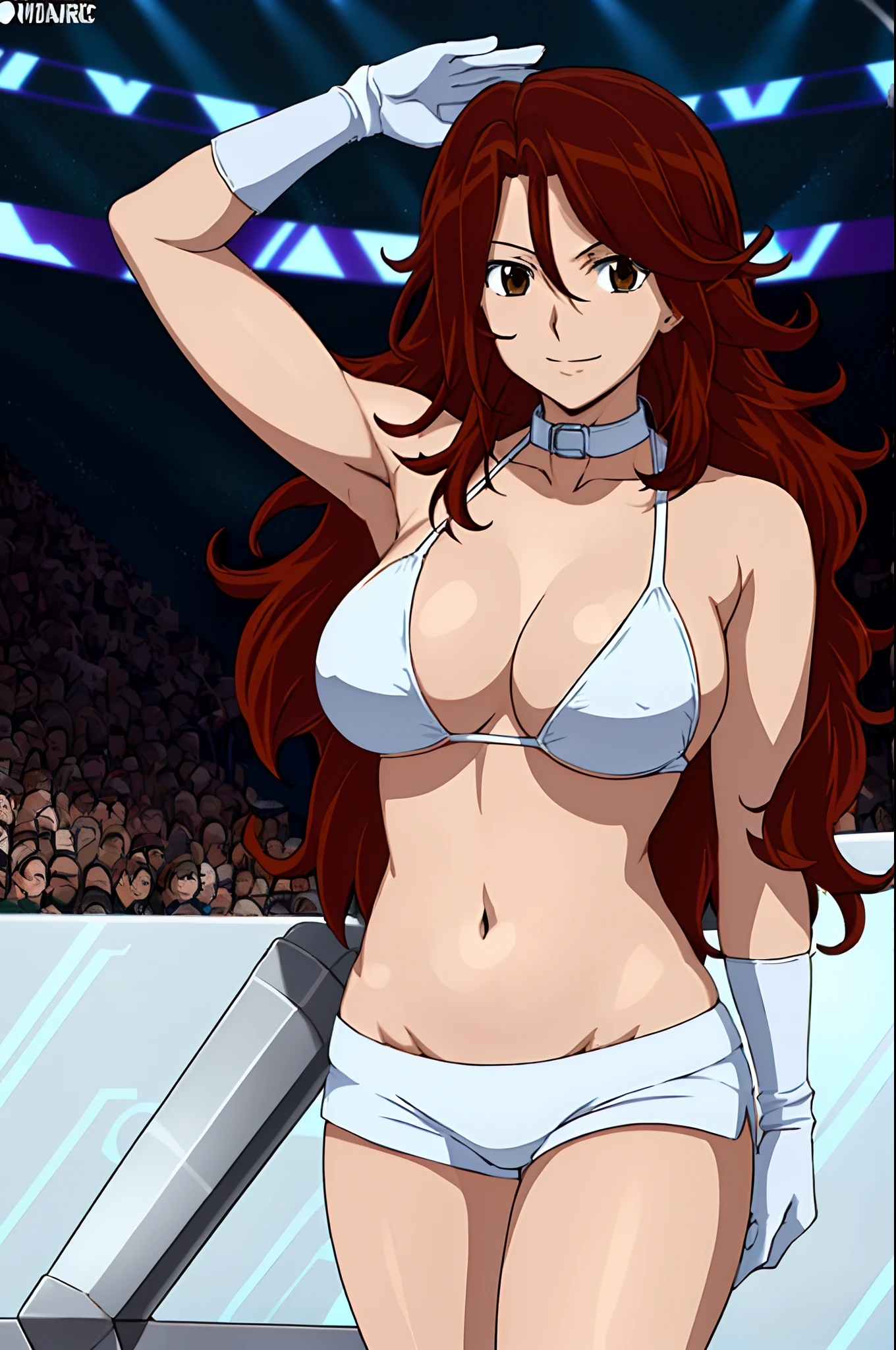 Elegant lady, body view, anime style: 1.8, anime drawing, ultra detailed face, ultra detailed body, 4k, Sumergai Lee Noriega, (standing), best quality, anime style, hires, highest definition, digital blending, bold drawing lines, ((wwe diva), (location: wrestling arena, crowds watching), ( slim body, little biceps, thighs, off-shoulders, (curvy: 2.8)), ((white bikini, shorts, groin, white gloves, collar, elbow pad)), victorious, winner, gentle, (pale skin, shiny skin, very big breasts, smile), (big eyes, brown eyes), (clapping), (brown hair, loose hair, curly hair, wavy hair, long hair, missy hair), 27 years old,