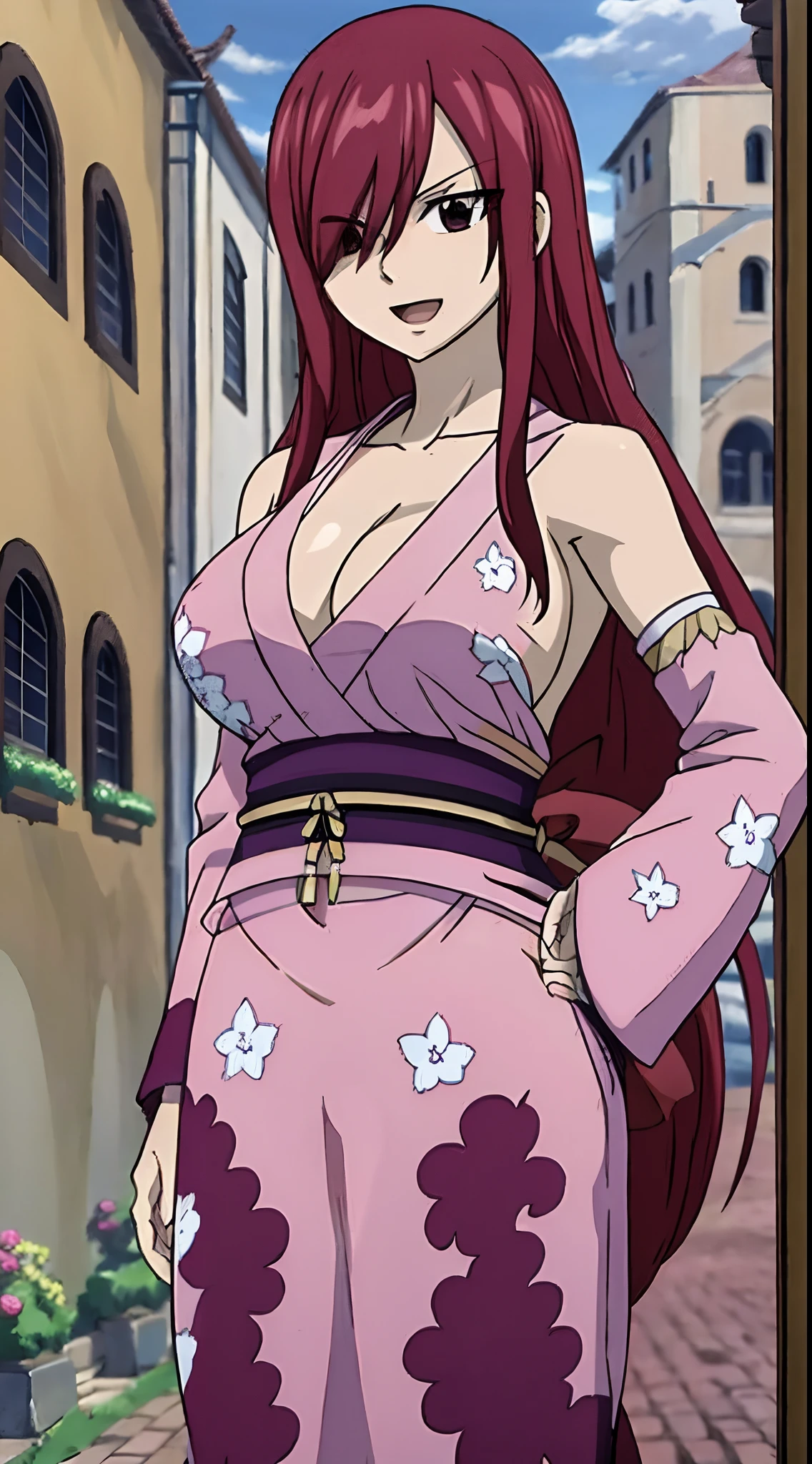 masterpiece,wearing kimono, cleavage,best quality, highres, fairy tail, 1girl, long hair, reddish hair, (bang cover one eye, one hidden eye, brown eye), large breasts, collarbone, midriff, standing, outdoors, smile, open mouth, emo hair, thick arms, broad shoulders, mature woman, (tall), wide shoulders, long belly, hands on hips, strong arms, ultra detailed arms,