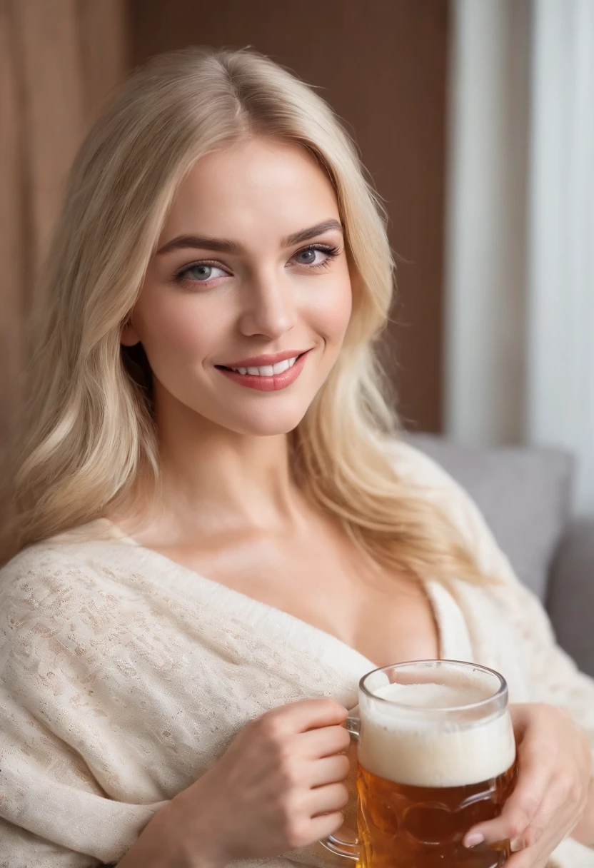 A Photorealistic Master Huge Blonde on a Couch, holding a beer, Corps complet Corps parfait, visage parfait, Souriant, Disque dur, Cadre de distance, Pas de soutien-gorge, , seins parfaits