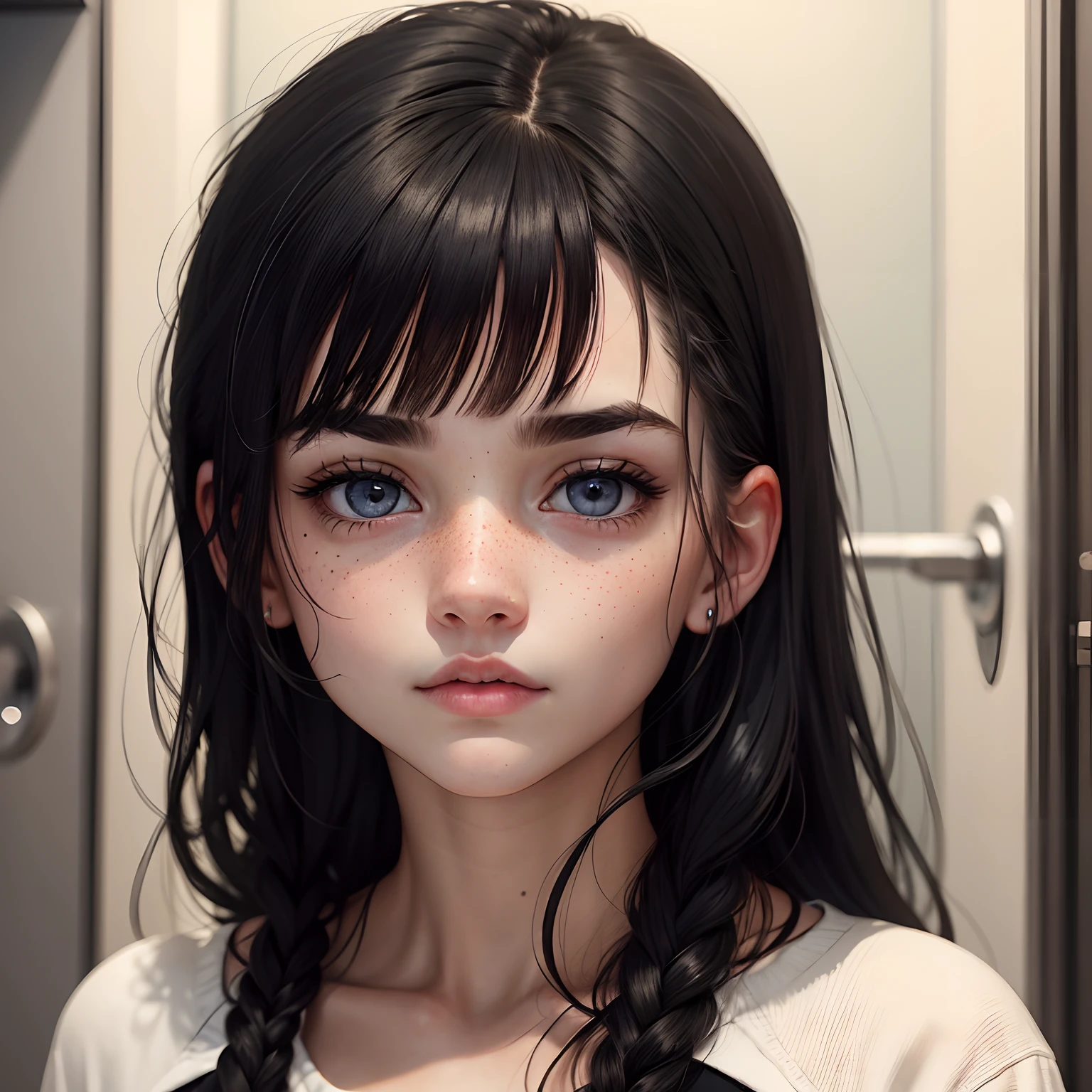 young white girl, with dark and tired black eyes, freckles on her face, bluish black hair, bangs that cover her eyebrows, flushed cheeks, dark and decent clothes
