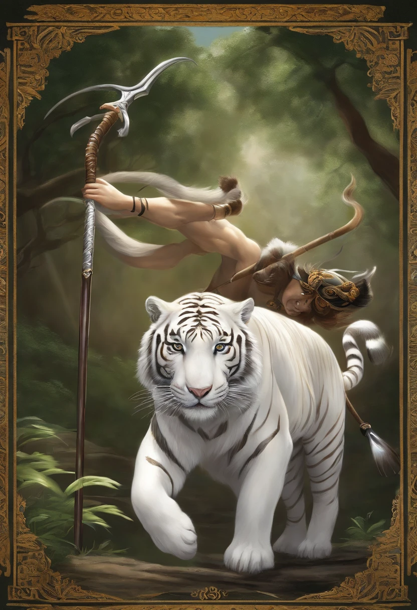 A cute white tiger is smiling and holding a beast spear in its right hand. The tiger is riding a black bull. The tiger's left hand grasps the bull's horn. The composition is from directly in front. The cows are running wild, and the tigers are ready to do it. The touch of the picture should be manga-like, not realistic.
