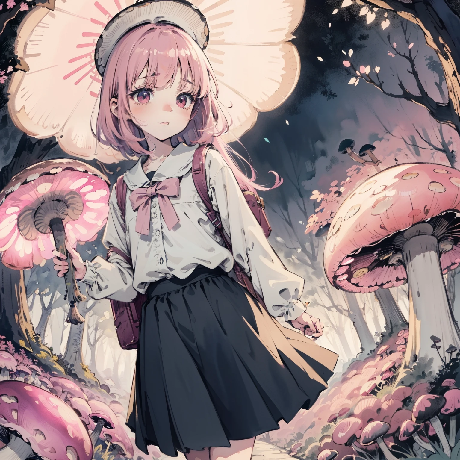 Beautiful and aesthetic,, Solo,Cute,Pink hair,pleatedskirt，Dance，Cogumelos，Mushrooms，Huge mushrooms，spore，(glowing ambiance, enchanting glow, luminouslighting, Ethereal atmosphere,Watercolor illustration, Perfect anatomy, Masterpiece, Best quality, 1girll, li,elookbag，Nature, landscape