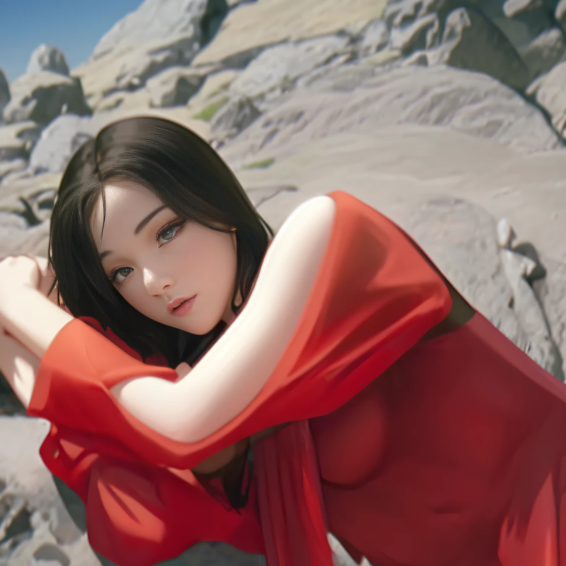 Arafe woman in red dress leaning against rock with arms crossed, gongbi, birch, Yan, bjork, sun yunjoo, Choi Hong Hwa, tiffany, song hye - kyo, 奈良美智, jia, soami, sha xi, sakimichan, Masami Suda