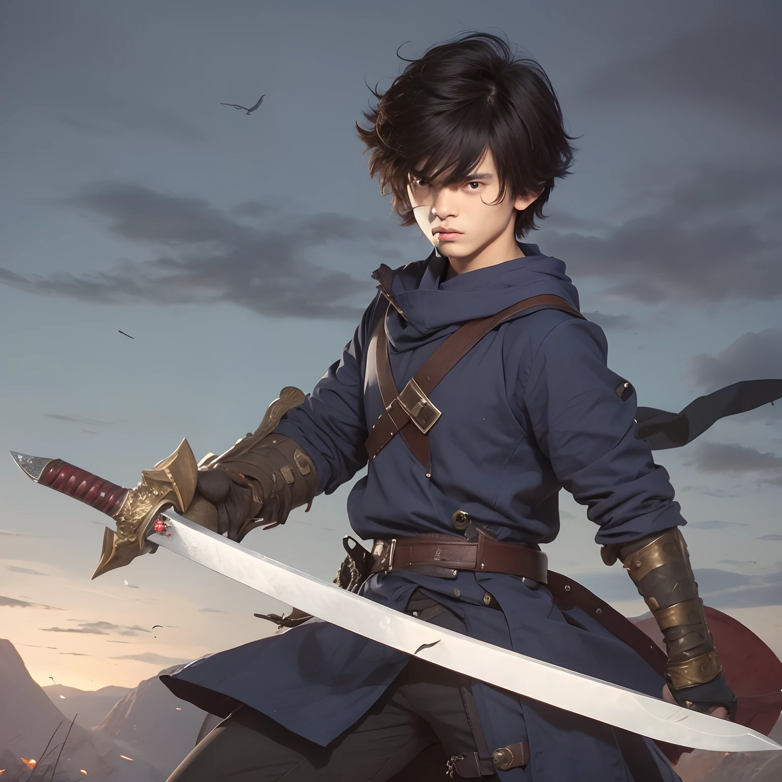 a man with a sword in his hand, with large sword, holds a sword