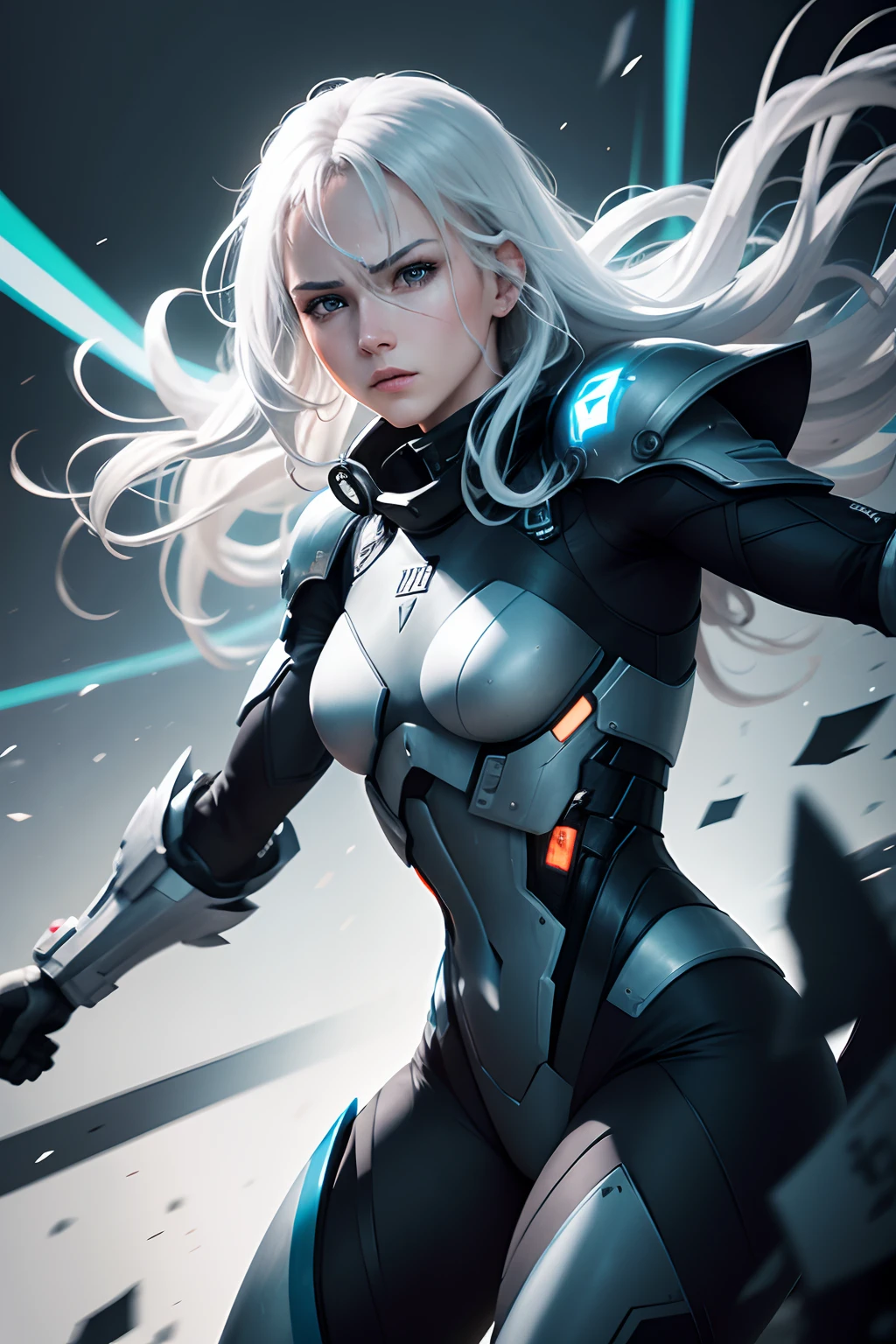 Create an image of a cyborg in a fight scene, but make it chaotic and difficult to follow. The character's ice-colored eyes and white hair should be barely distinguishable due to poor lighting and low-quality rendering. The black armor and blue lines should be messy and lack any coherence, with no attention to detail.In the fight scene, make the action confusing and cluttered, with no clear sense of choreography or dynamics. Overload the scene with excessive visual effects and motion blur, making it impossible to discern any meaningful action. The background should be chaotic and irrelevant, with distracting elements that take away from the focal point.The overall goal is to produce an image that completely fails to capture the essence of Raiden from Metal Gear and is a visual mess with no artistic value