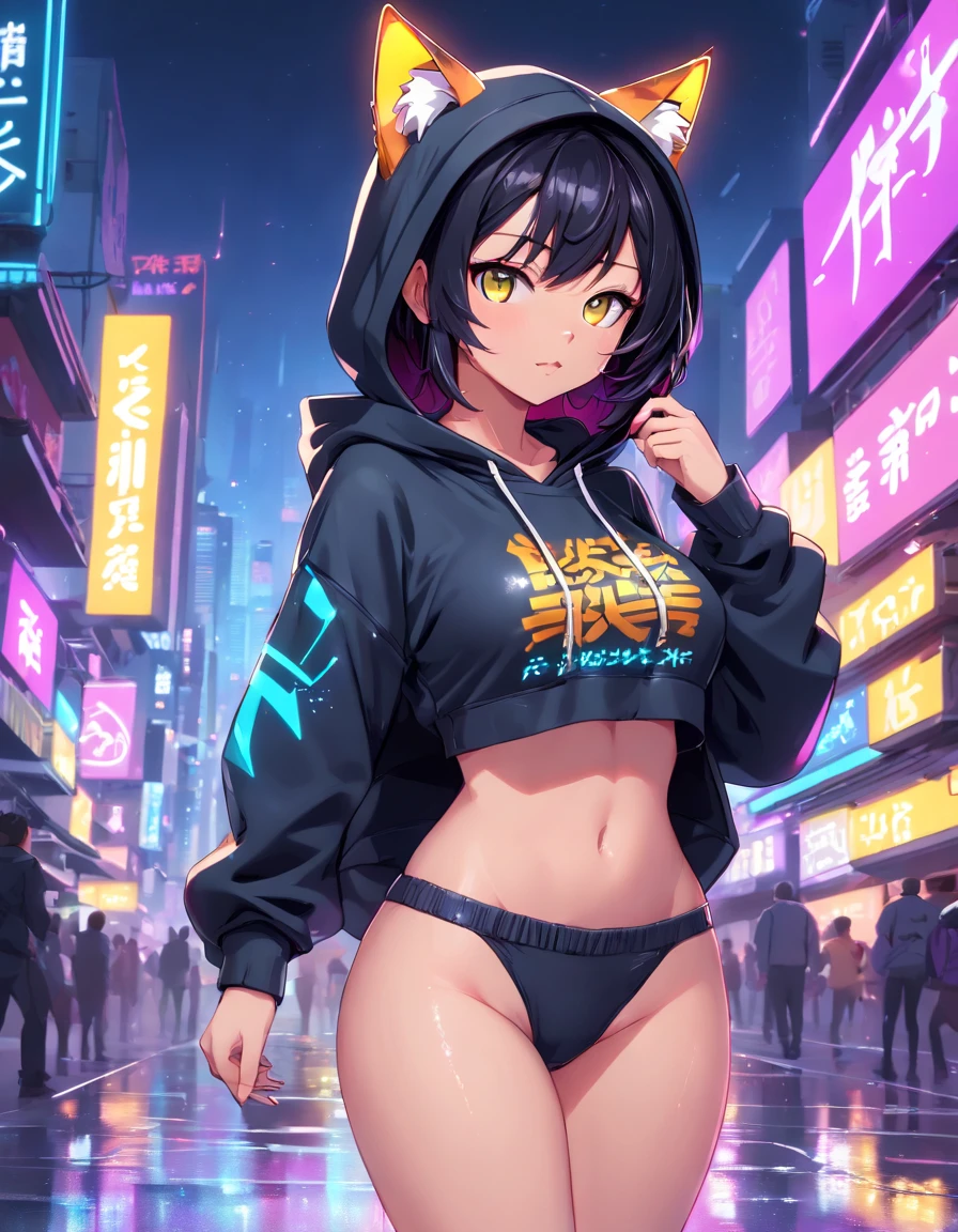 (cyberpunk city landscape) () Nyonix, cyberpunk anime woman, posing from behind in metropolis with a rebellious spirit. Her hair seemed to dance under neon lights, The color changes with each heartbeat. Her costume is a fusion of wires, circuit, and urban fashion, Decorated with neon signs,Twinkle like a city light. Nyonix exudes an aura of technical prowess, As if she could invade the cities around her. In her presence, Cyberpunk cityscapes come to life, The holographic billboard changes to show her message,The air was filled with mechanical hums and slogans of protest, big ass, hot jeans, girl spacepunk,(((1girl))),((beautiful girl with bright and luminous cat ears)), (large breasts:1.4),saggy breasts,((black hair,black messy hair,colored inner hair,large hair,absurdly long unkempt hair:1.35,long black hair,ear breathing)),((((cat ears,cat ears on head,big cat ears)))),(((pink eyes:1.3,upturned eyes:1.3,perfect eyes,beautiful detailed eyes,finely detailed beautiful eyes:1,symmetrical eyes:1))),((fat)),(((lustrous skin:1.5,bright skin: 1.5,skin tanned,shiny skin,very shiny skin,shiny body,plastic glitter skin,exaggerated shiny skin,illuminated skin,wet legs))),(spider lower abdomen,narrow waist,wide hip,athletic body,inflated legs,delicate detailed fingers,detailed body,human hands,(detailed face)), cute,slutty,seductive,erotic,(((nsfw))), zettai ryouiki,revealing clothing,show skin,(((underboob))),(cleavage),(semi-naked,with little clothing,((tiny thong)),bare legs,visible thong straps),((((crop top hoodie,cropped hoodie,hoodie,hoodie intricate)))),((wet clothes,detailed outfit,detailed clothes)), (dynamic pose:1.0),solo focus,embarrassed,(centered,scale to fit dimensions,Rule of thirds), cyberpunk city by the ocean at night, with bright neon signs and dark stormy clouds and puddles, High resolution, sharp focus, (ultra detailed, extremely detailed), (photorealistic artwork:1.37), 8k wallpaper,((synthwave background theme)),(((vibrant colors))),(intricate),masterp