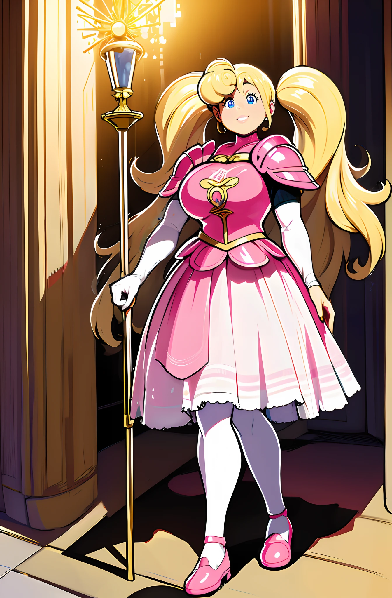 skirt vest, pantyhose, twintail, long hair, blond hair, knight, medium breast,honey lucmore,blue eyes,, walking, staff holding, cape,smile, 1character, 1girl, walking, magical girl,, solo focus, one character,pink lips, palading armor, knight, pink lipstic,best quality,4k,8k,highres,masterpiece:1.2),mega-detailed,(,1.37),portraits,vivid colors,warm tones,soft lighting,, full body