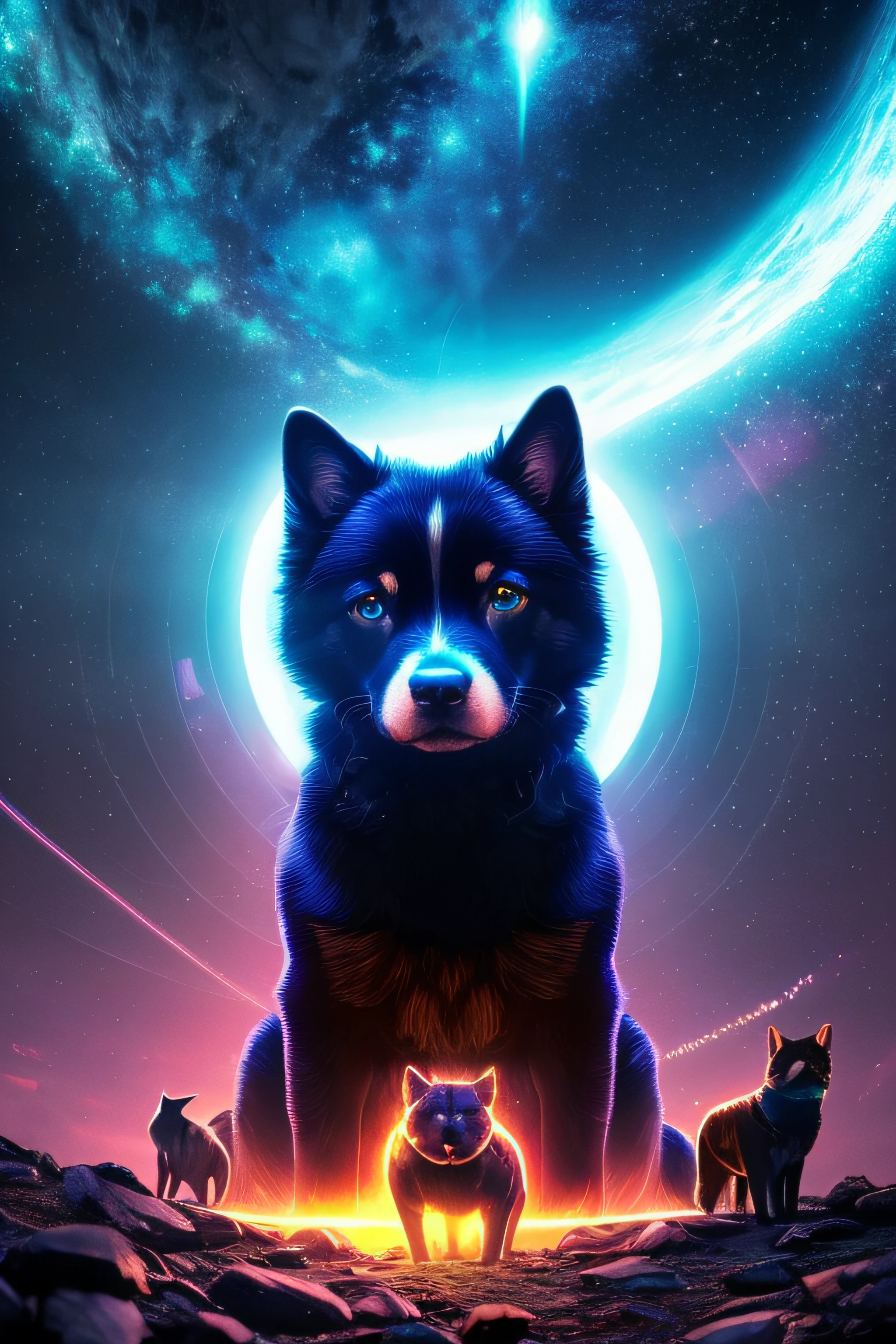 {{An incredible representation of a real electronic dog in 4K resolution with a background of worlds,elementos fuego}}, Merging technology with nature seamlessly. Its metallic coat reflects light impressively, as his cybernetic eyes shine with life. El fondo es un paisaje futurista, con rascacielos iluminados y cielos estrellados. This image is an example of digital illustration inspired by the style of science fiction and cyberpunk. The panoramic shot, capturada con una lente gran angular, Provides a broad view of the world of electronic dogs. Lighting is futuristic, with flashes of neon that enhance its appearance. El nivel de detalle deseado es hiperrealista, resaltando cada componente del perro. The goal is to create an image that leaves viewers amazed by the fusion of technology and nature in high definition...