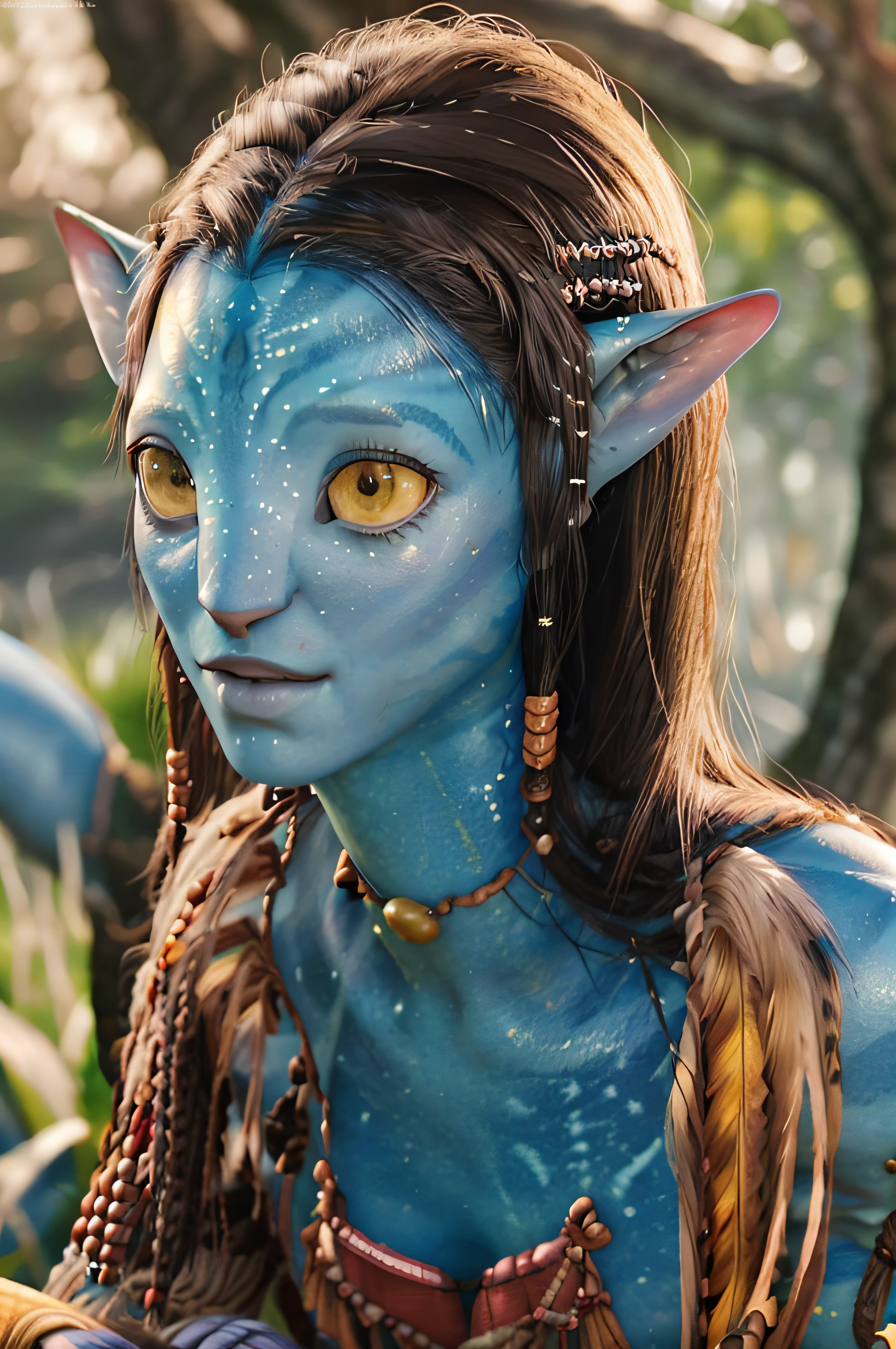 (concept art), masterpiece, best quality, photorealistic, 8k raw photo  photograph by Tom Bagshaw, , [:(detailed face:1.2):0.2], absurdres iris textures, facing viewer, cowboy shot, (photorealistic:1.5), perfect body, a beautiful girl pureerosface_v1, smiling,((neytiri)) ((avatar)) ((yellow eyes))