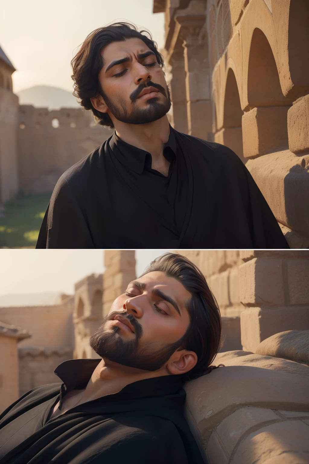 Year: 11th century. Location: Ispahan. Pre-raphaelite scene with a 25-year-old persian man, ((extreme close-up of face)), beard, looking up, closed eyes, strong sunlight, (fear), ((((11th century black caftan)))) ((11th century hairstyle)), (((cinematic style)))