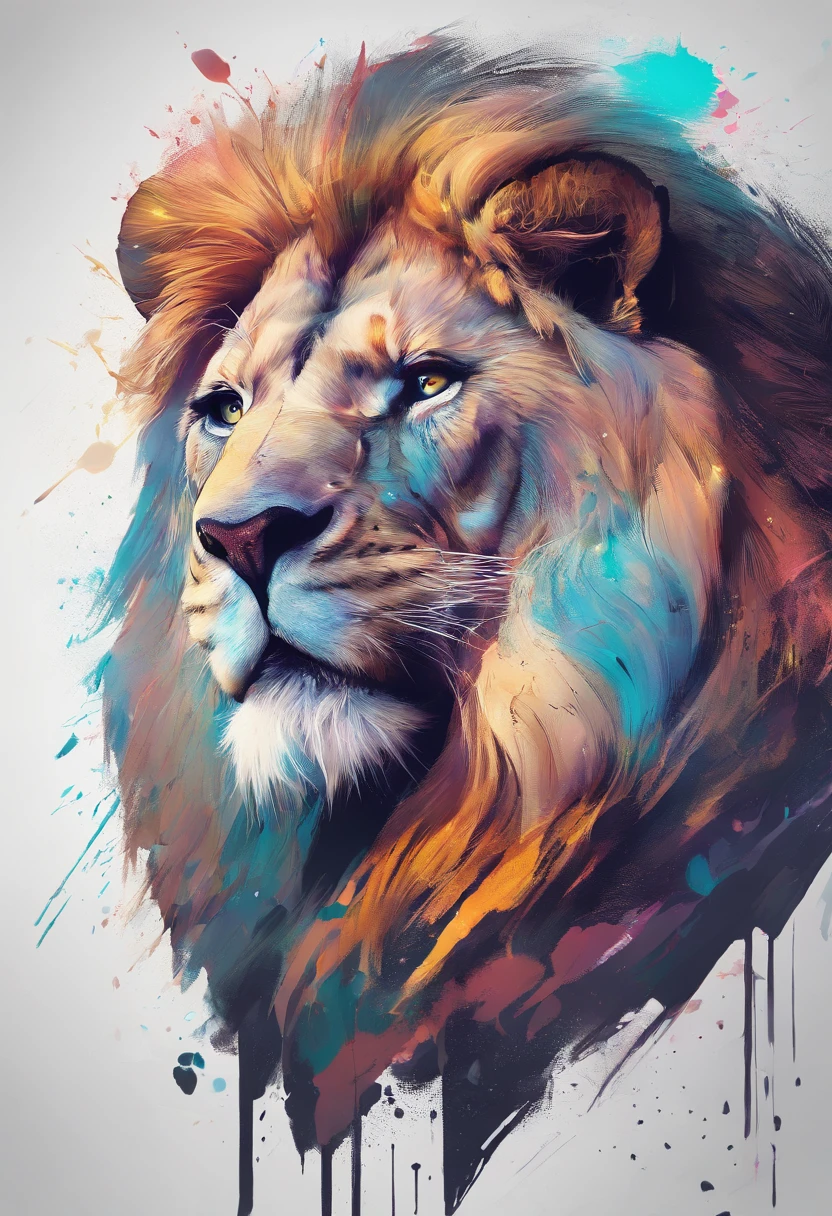 arte splash, a lion head, juba bem detalhada ((fundo branco)), olhos penetrantes, epic instagram, art-station, estilo splash de tinta colorida+, contorno, hiperdetalhado intricadamente detalhado, Motor irreal, genial, detalhes intrincados, tela inicial, cores complementares, conceito realista arte, 8K分辨率, obra-prima do deviantart, oil-painting, pinceladas pesadas, pingos de tinta, artes de salpicos