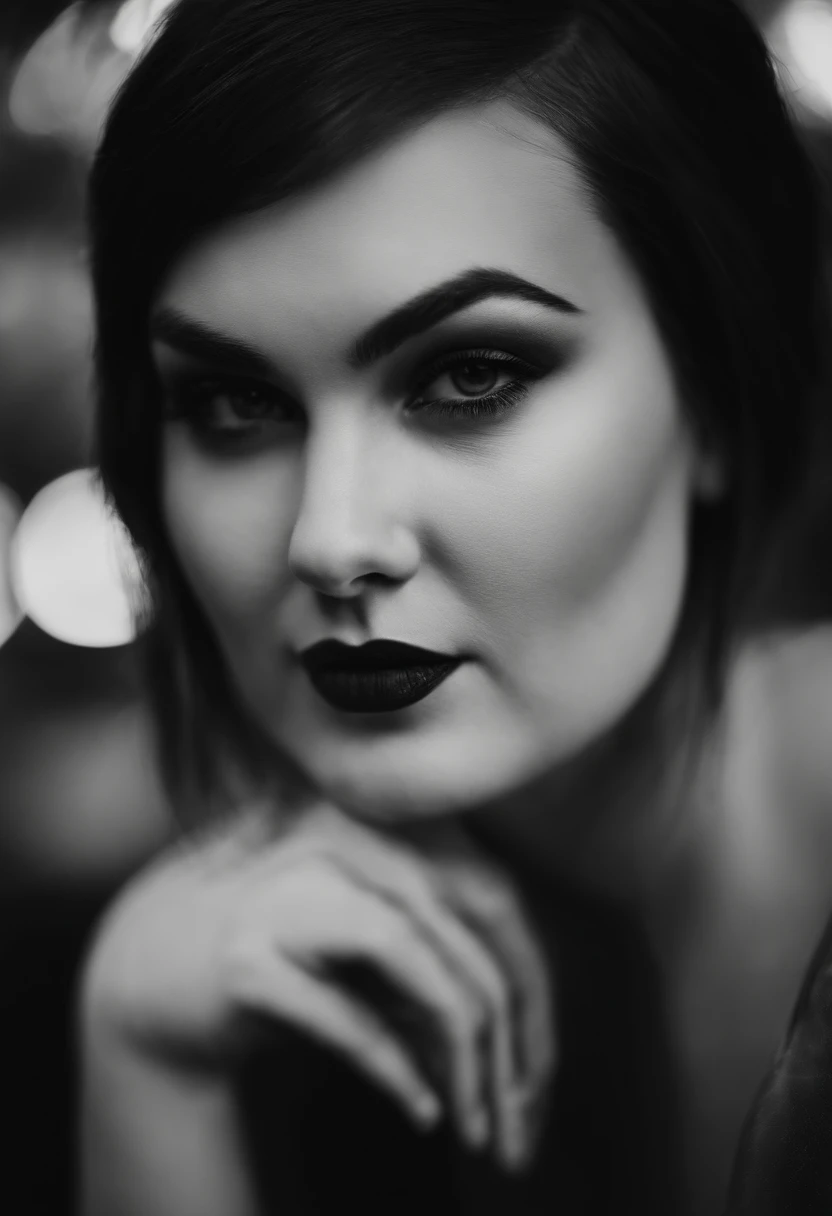 Portrait of a fat Sasha Grey, (((photorealistic), (grayscale:1.2),  (photography), (best quality:1.5), (shredded and cropped hair),  face close, 80mm, soft focus , film grain:1.2, delicate makeup, dark matte lipstick,  her