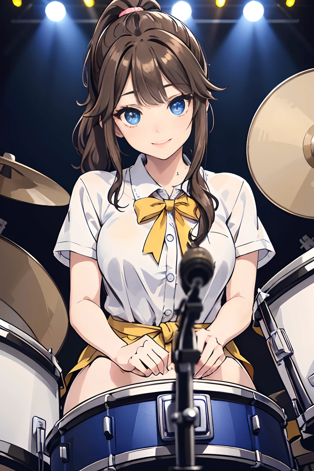 collage 1girl in Blushing cheeks (playing drums:1.2)、(((Naked)))、(((with spreading legs)))、Brown hair、a necklace、耳环、on stage at a concert、(At SFW)、(((pubick hair))),((medium breasts)),