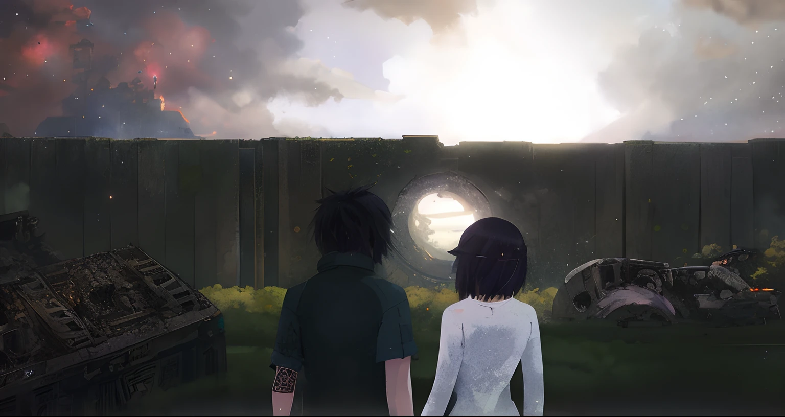 They are looking at a large space with a giant star in the sky, Cover of the novel for the book, Makoto Shinkai and Tom Bagshaw, artwork in the style of guweiz, background is the ruins, Ruins in the background, In front of the ruined city, background illustration, Fan art, promotional art, Art concept of the book cover