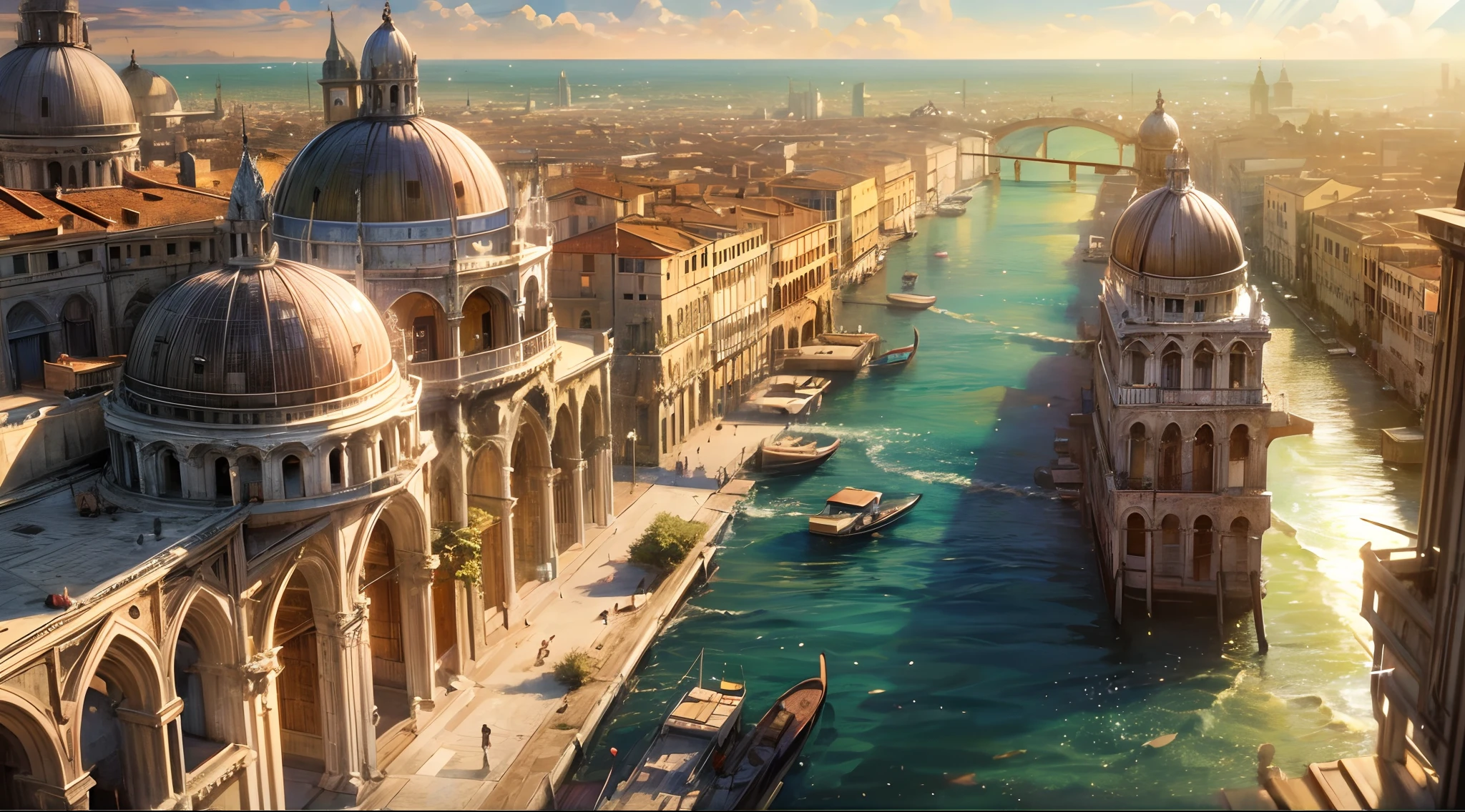 (best quality,8k,masterpiece:1.2),wide shot,panoramic,concept art,photography,solar punk theme,futuristic city on top of vast ocean,Venice inspired,volumetric lighting,reflection,global illumination,HD