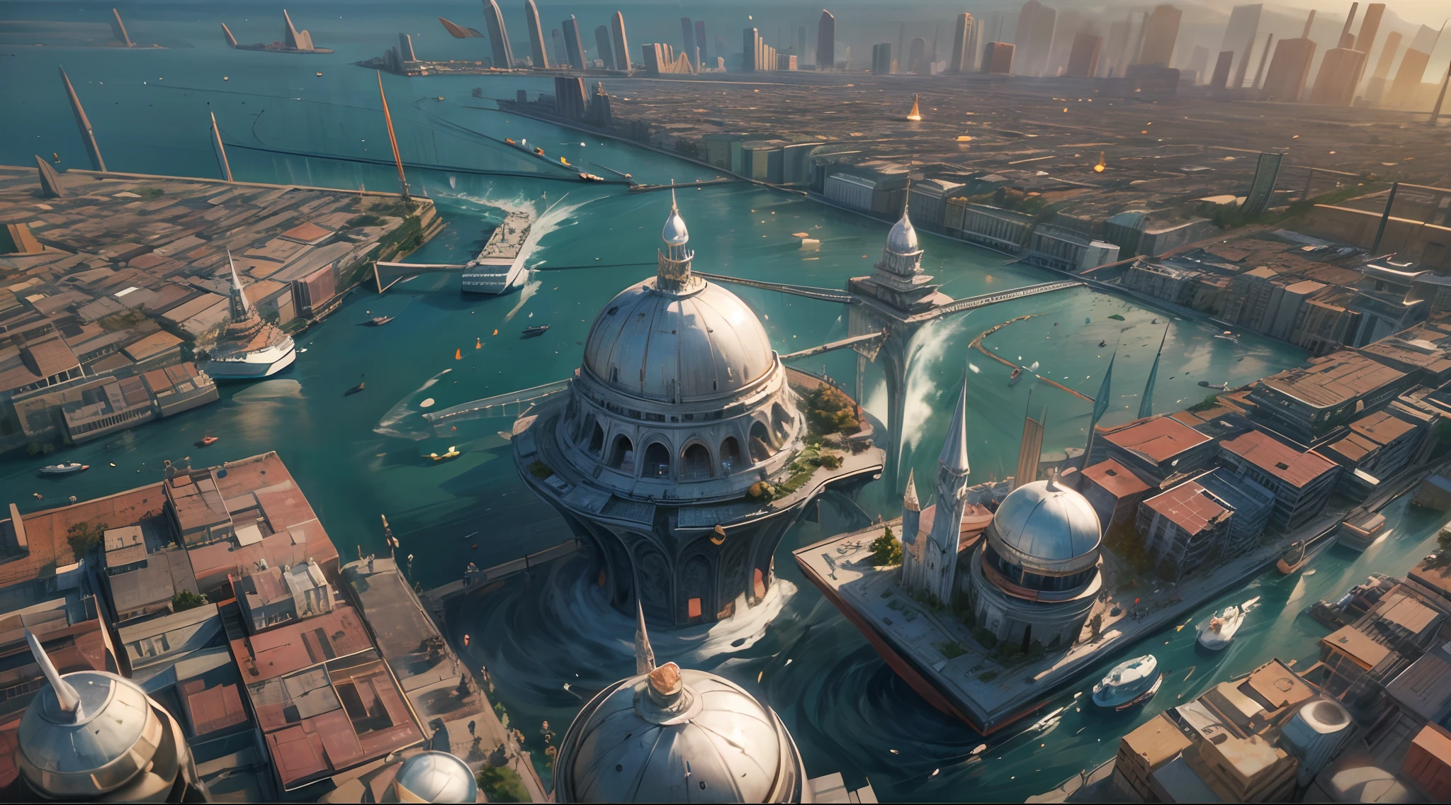 (best quality,8k,masterpiece:1.2), shot from above, wide shot,panoramic,concept art,photography,solar punk theme,futuristic city on top of vast ocean,Venice inspired,volumetric lighting,reflection,global illumination,HD