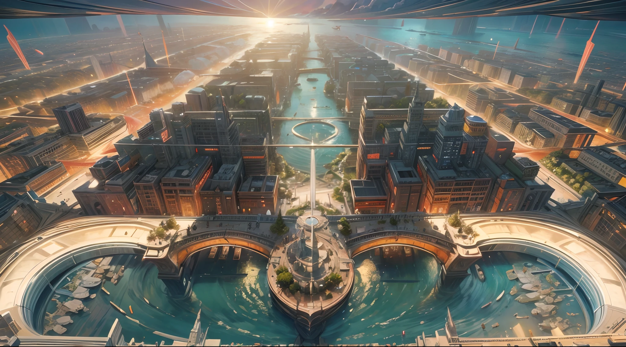 (best quality,8k,masterpiece:1.2), shot from above, wide shot,panoramic,concept art,photography,solar punk theme,futuristic city on top of vast ocean,Venice inspired,volumetric lighting,reflection,global illumination,HD