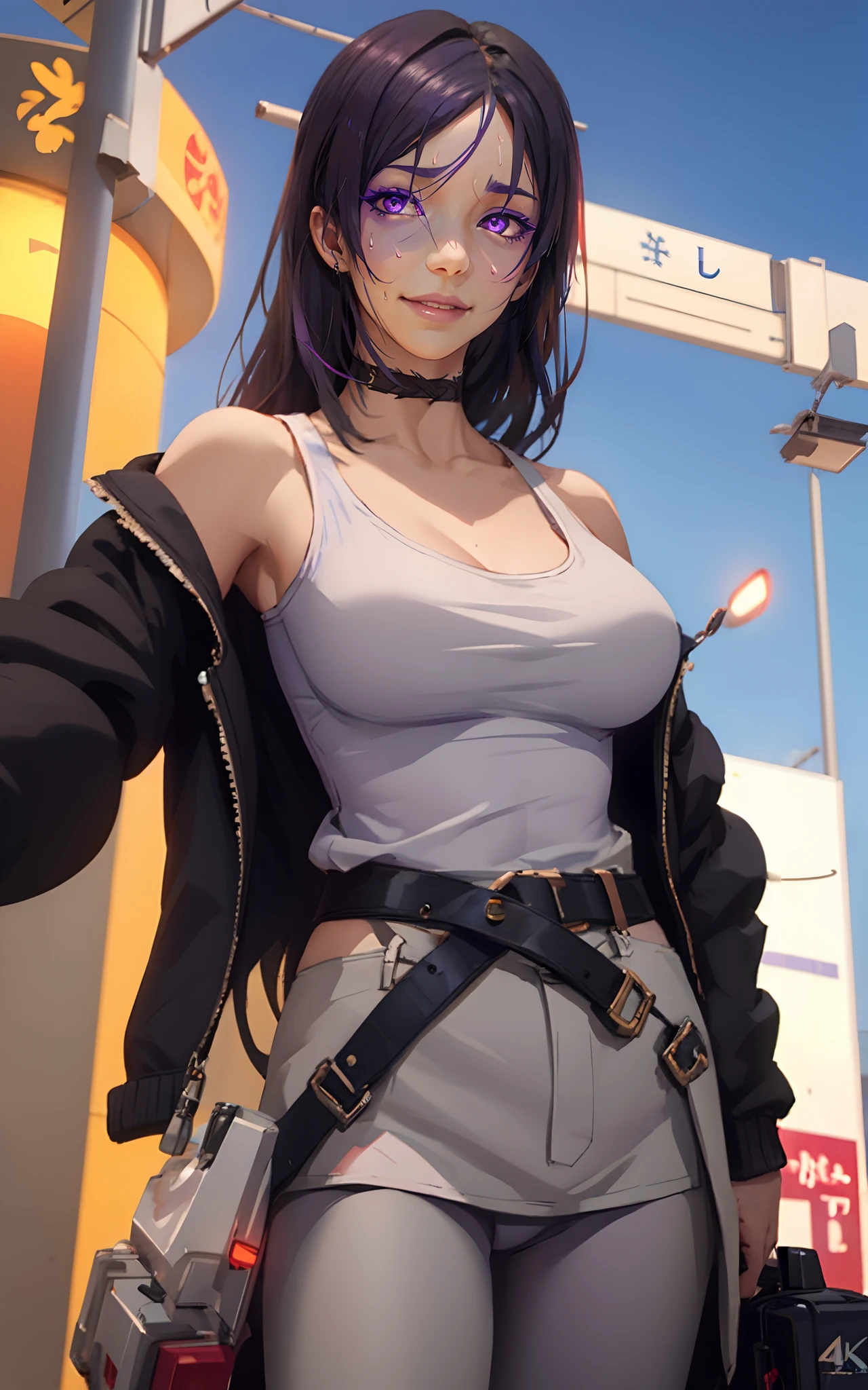 (dark-puprle hair, long hair:1.6), purple eyes, breasts, 1girl, cleavage, tank_top, open_mouth, belt, large_breasts, jacket, looking_at_viewer, black_jacket, outdoors, bare_shoulders, solo_focus, glow effects, godrays, Hand drawn, render, 8k, octane render, cinema 4d, blender, dark, atmospheric 4k ultra detailed, cinematic, Sharp focus, big depth of field, Masterpiece, colors, 3d octane render, 4k, concept art, trending on artstation, hyperrealistic, Vivid colors, extremely detailed CG unity 8k wallpaper, trending on CGSociety, Intricate, High Detail, dramatic, glowing eyes, large breasts,