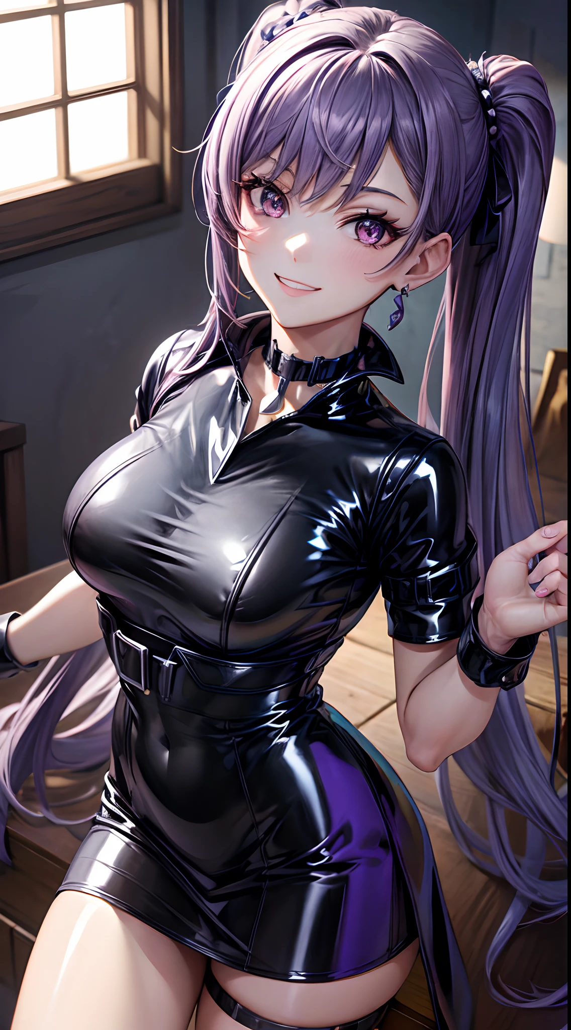 8k, highres, ultra detailed, (masterpiece:1.4), best quality, symmetrical body, (Black short latex dress:1.4), choker, cute, solo, earrings, ponytails, long hair, purple hair, purple eyes, glow effect, finely eye, grinning, wide smile, detailed face, looking at viewer, smilling at viewer, bedroom, standing, angled view, medium size breasts, teasing, seductive look