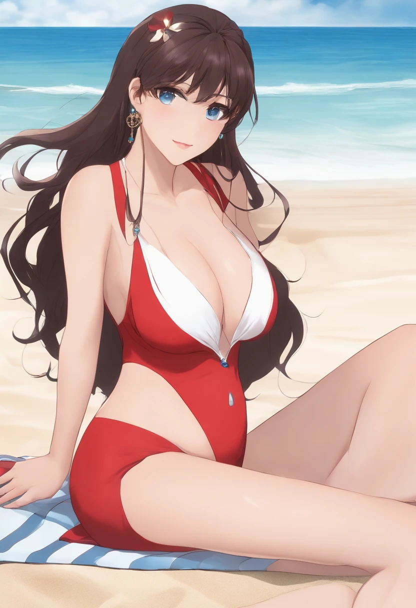 rin tohsaka, sexy swimsuit, beach, sit on the sand, pregnant, hand on belly