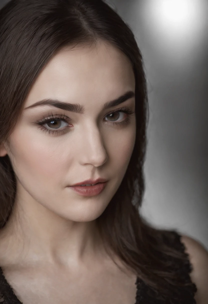 Sasha Grey, (((photorealistic), (grayscale:1.2),  (photography), (best quality:1.5), (shredded and cropped hair),  face close, 80mm, soft focus , film grain:1.2, delicate makeup, dark matte lipstick,