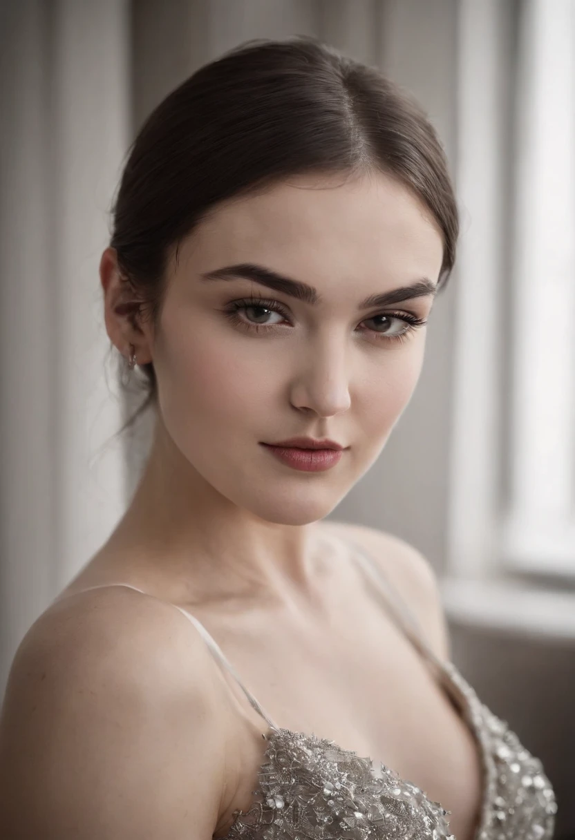 Sasha Grey, (((photorealistic), (grayscale:1.2),  (photography), (best quality:1.5), (shredded and cropped hair),  face close, 80mm, soft focus , film grain:1.2, delicate makeup, dark matte lipstick,