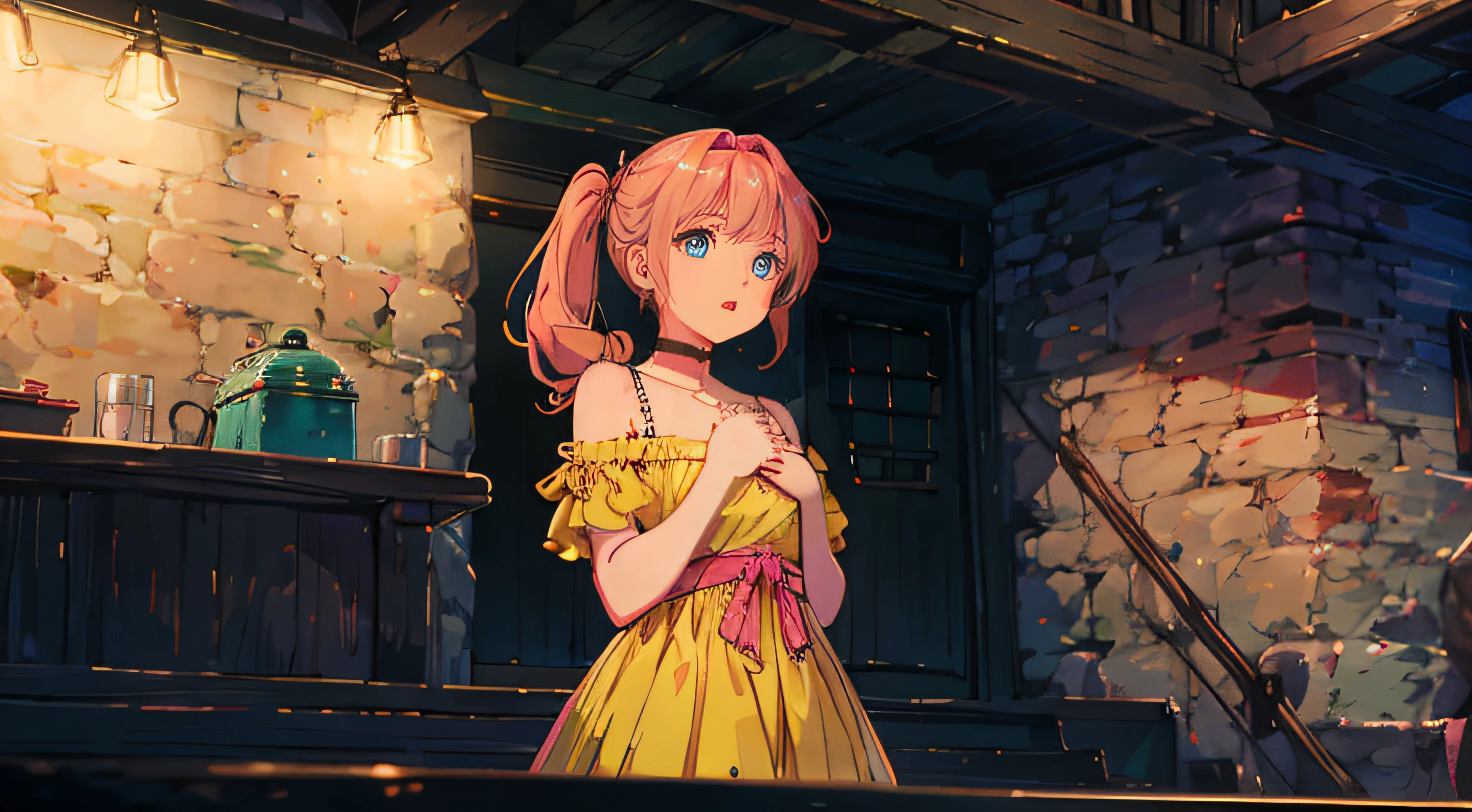 A young girl with orange-pink hair and blue eyes standing on an indoor stage. Her hair is in a ponytail, and she is wearing a yellow dress. She has both hands on her chest with a longing expression on her face. She sings for everyone to hear. The picture is taken close to her face.