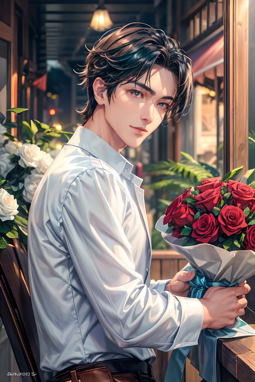 (hoang lap,hight resolution,Hyper-detailing,nffsw),tmasterpiece,best qualtiy,1boy ,Handsome,cabelos preto e longos,fine eyes and detailed face,white shirt,denim、Bouquet of red roses in hand、cafe terrace,Self-shot,lightsmile,(teal eyes)