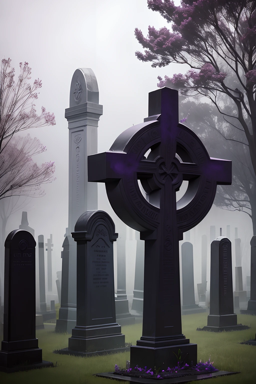 gloomy cemetery, purple with black, lots of fog.