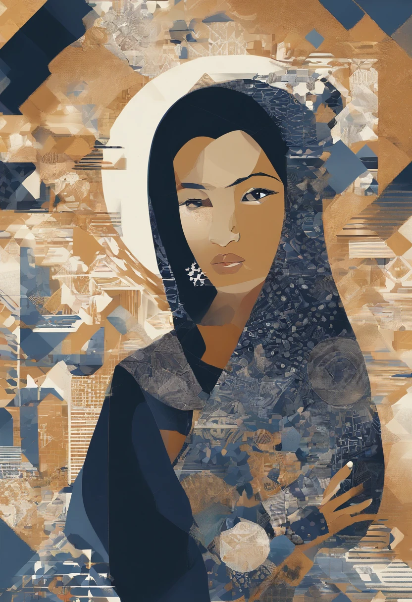 a malay woman is covered with tiny people with various acting in black, in the style of detailed atmospheric portraits, indigo and bronze, made of all of the above, social media portraiture, intricately textured, fragmented, emotive expressions,