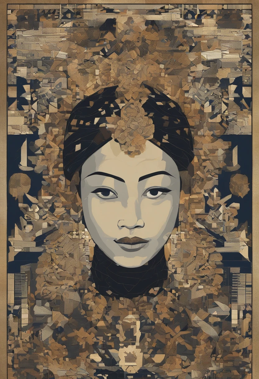 a malay woman is covered with tiny people with various acting in black, in the style of detailed atmospheric portraits, indigo and bronze, made of all of the above, social media portraiture, intricately textured, fragmented, emotive expressions,