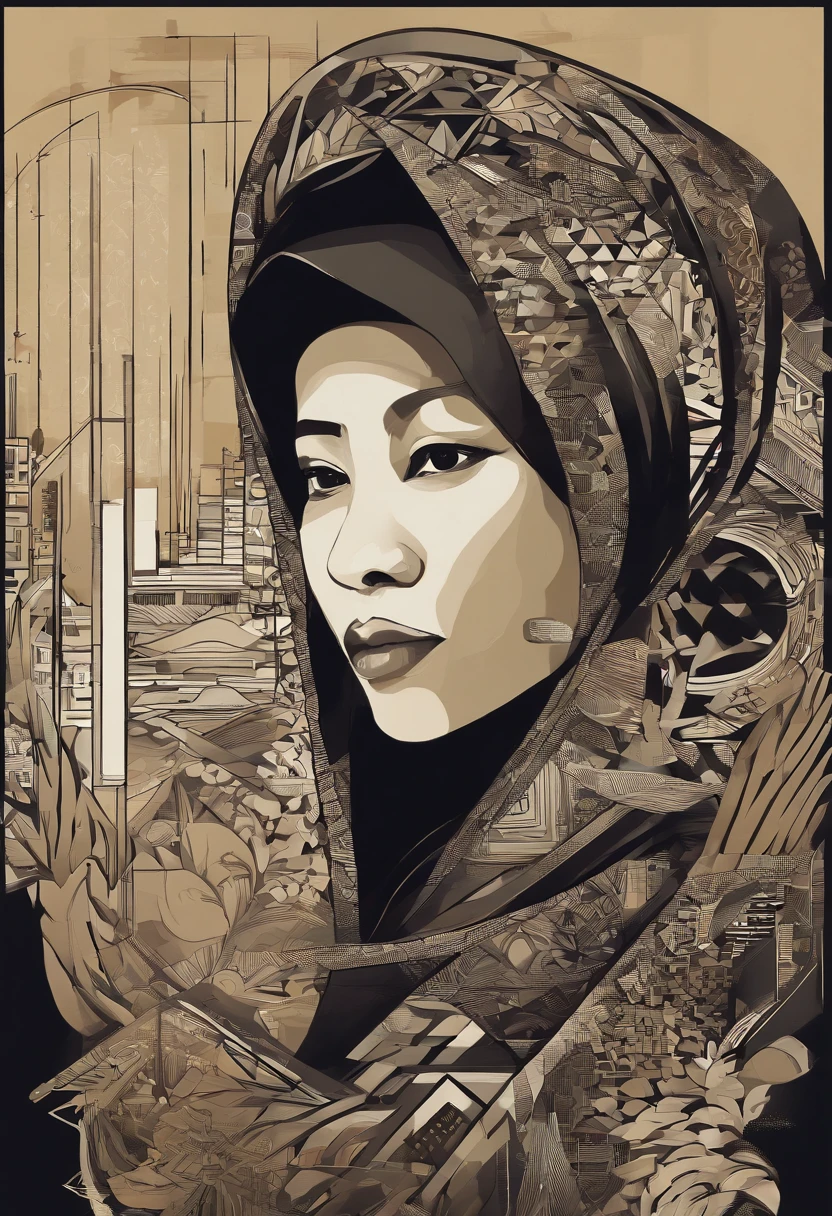 a malay woman is covered with tiny people with various acting in black, in the style of detailed atmospheric portraits, indigo and bronze, made of all of the above, social media portraiture, intricately textured, fragmented, emotive expressions,