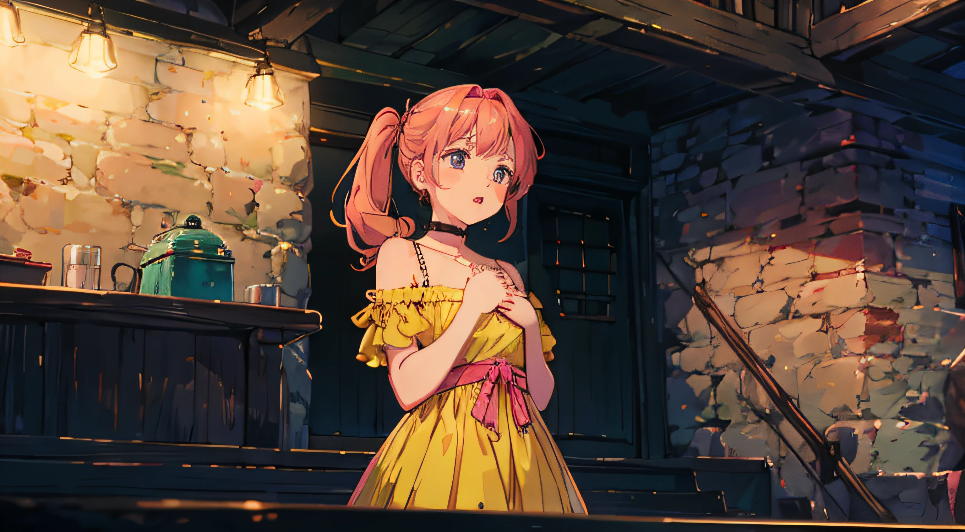 A young girl with orange-pink hair standing on an indoor stage. Her hair is in a ponytail, and she is wearing a yellow dress. She has both hands on her chest with a longing expression on her face. She sings for everyone to hear. The picture is taken close to her face.